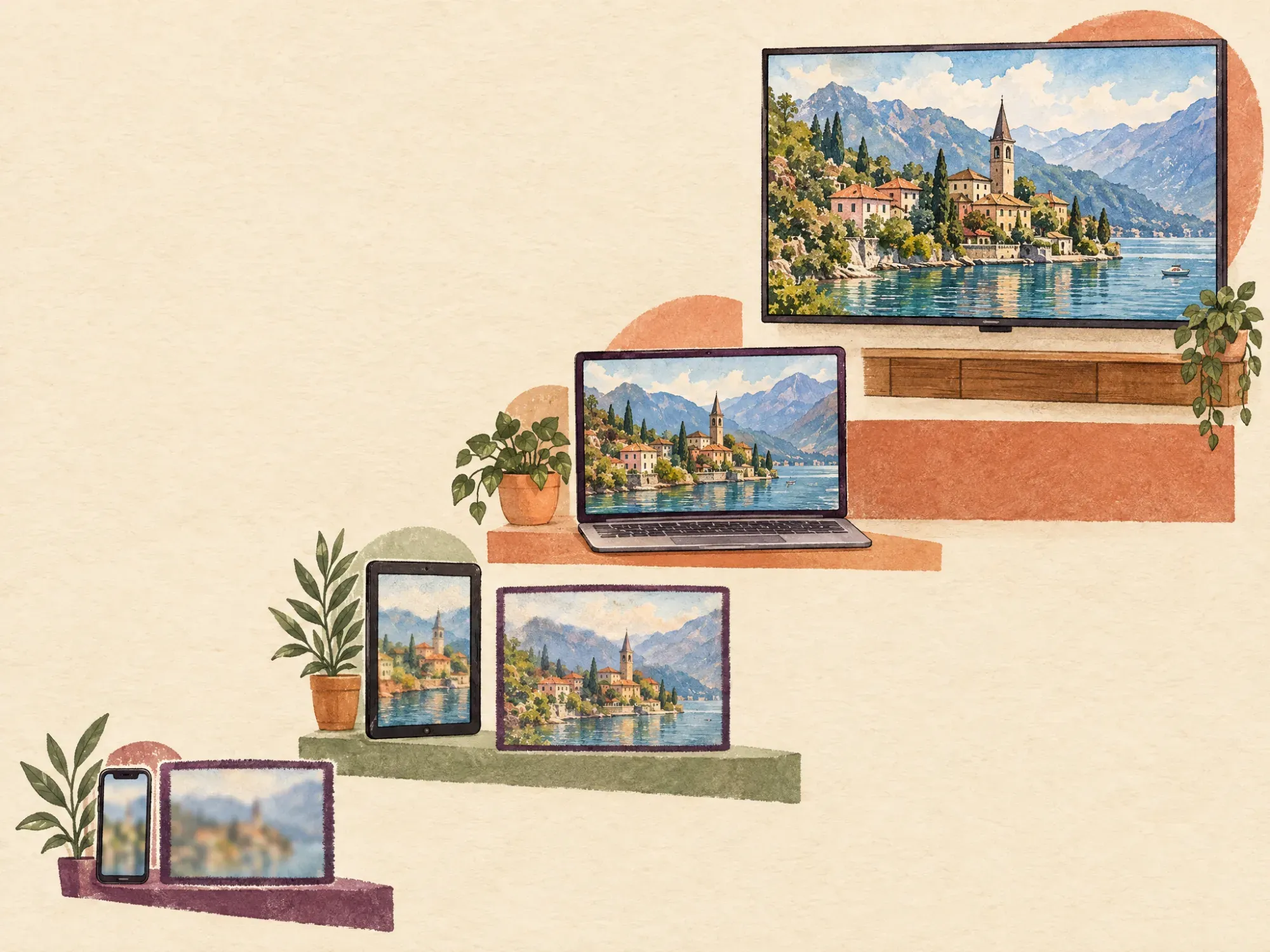 Four video frames stepping up from blurry to sharp, each placed on a stair beside a bigger screen: phone, tablet, laptop, and wall-mounted TV