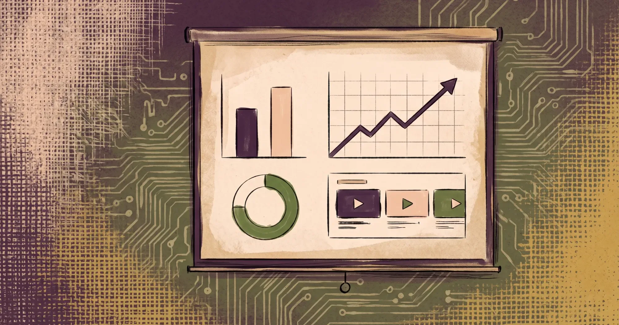 A wall display of brand video metrics: bar chart, upward trend line, completion ring, and video play tiles