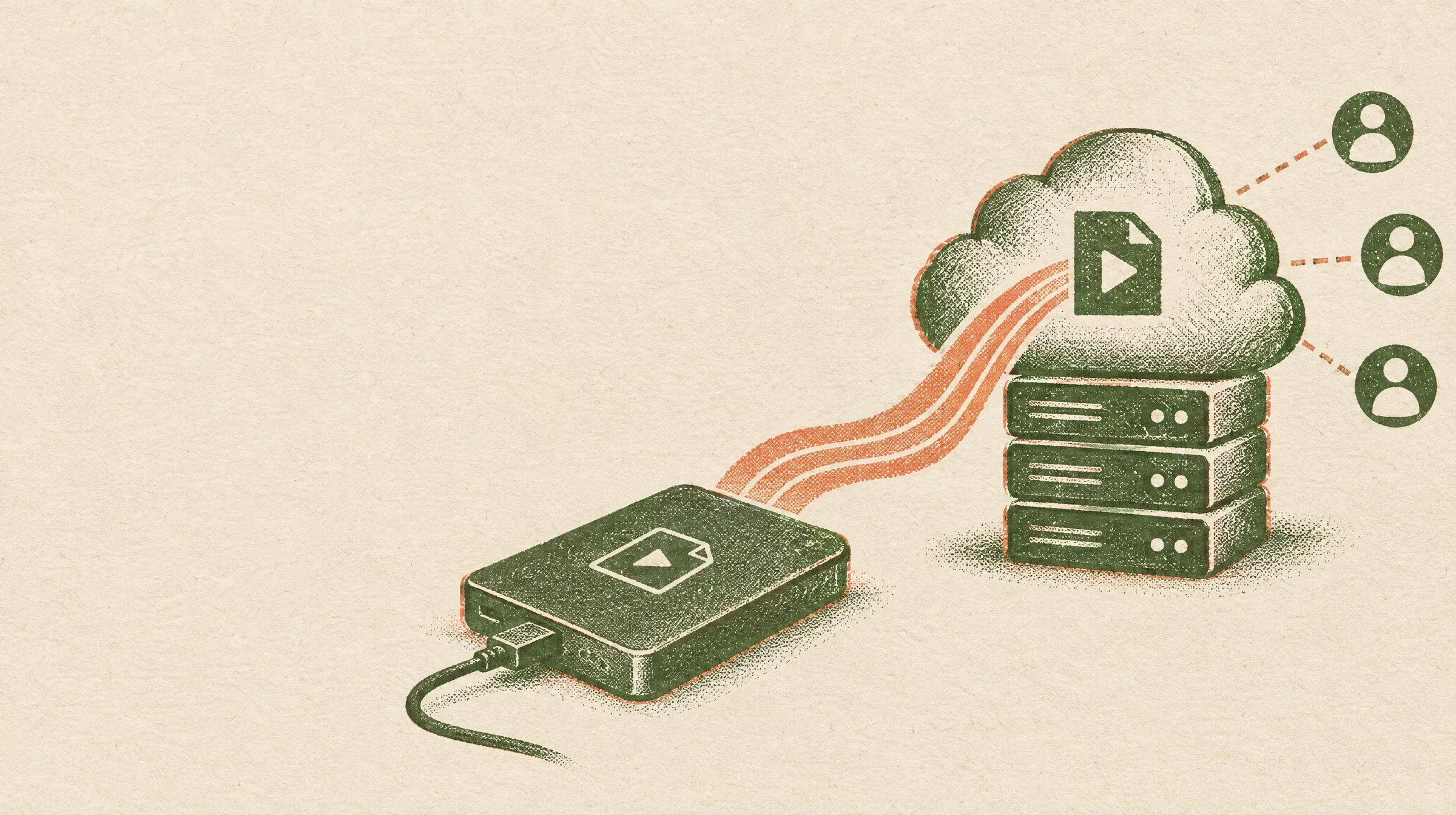 A portable drive and cloud share link shown as separate recording-storage routes
