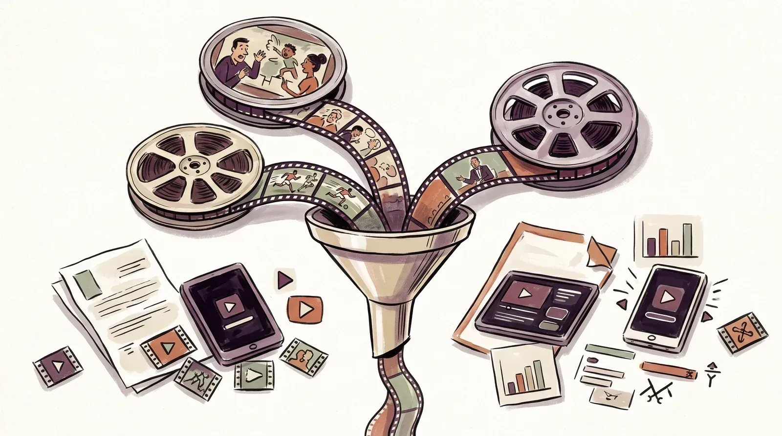 Three film reels carrying animation, sports, and talking-head footage feeding one compression funnel whose output ribbons narrow by different amounts