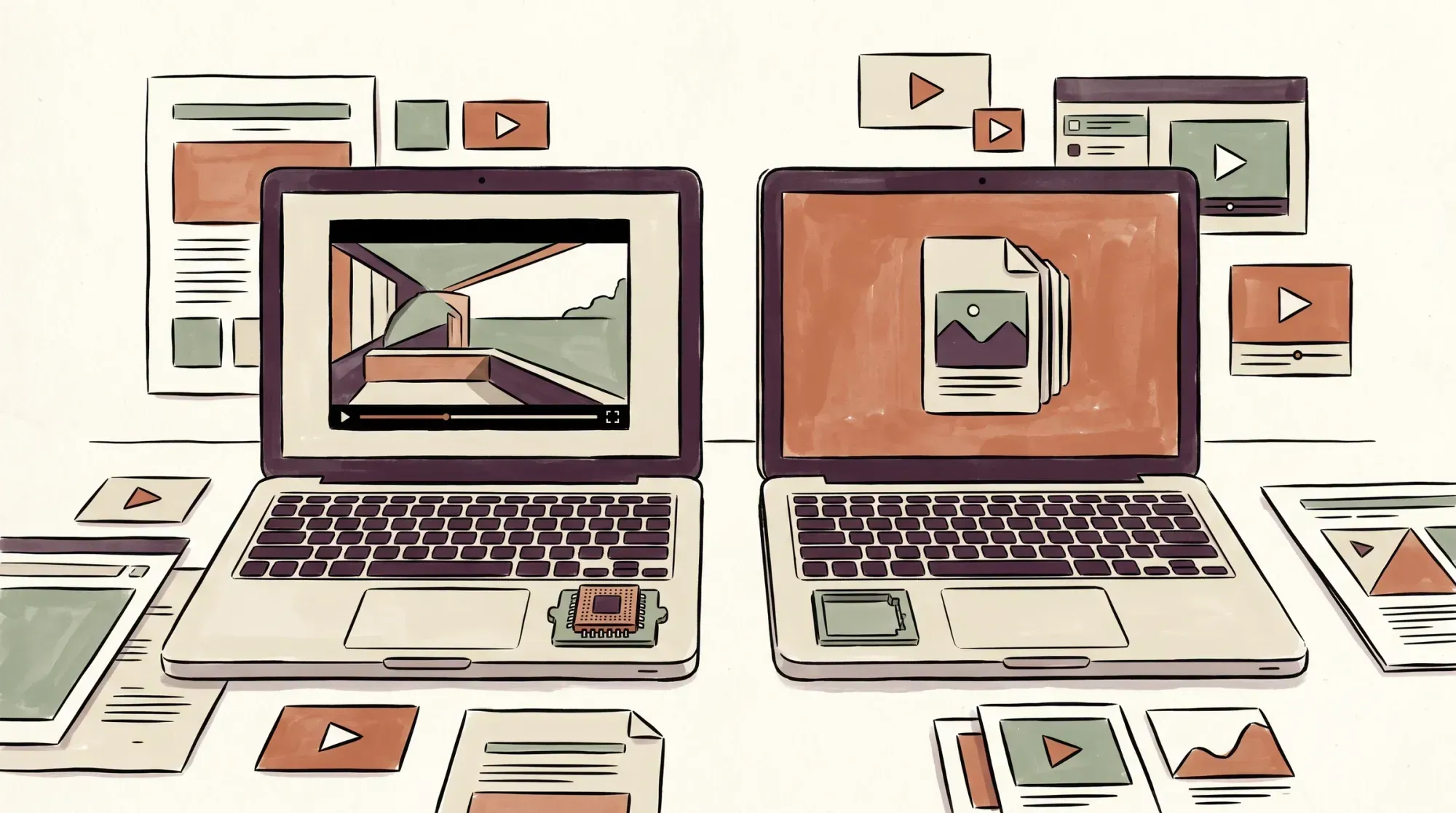 Two laptops side by side, one with a decoder chip seated in its slot playing a crisp frame, the other with an empty socket falling back to a stacked second media file
