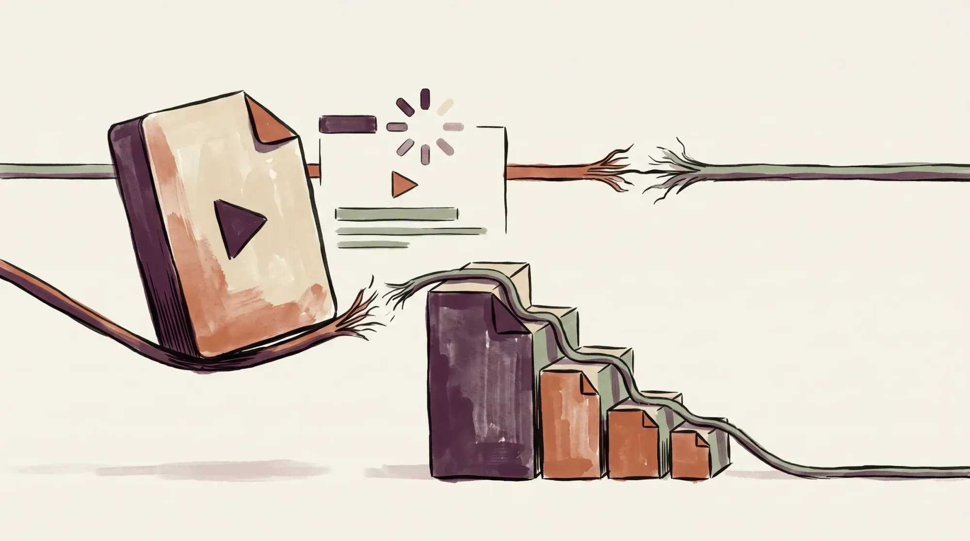 A single heavy media file stalling on a fraying signal line under a spinner, beside a staircase of progressively smaller file blocks the same line steps down