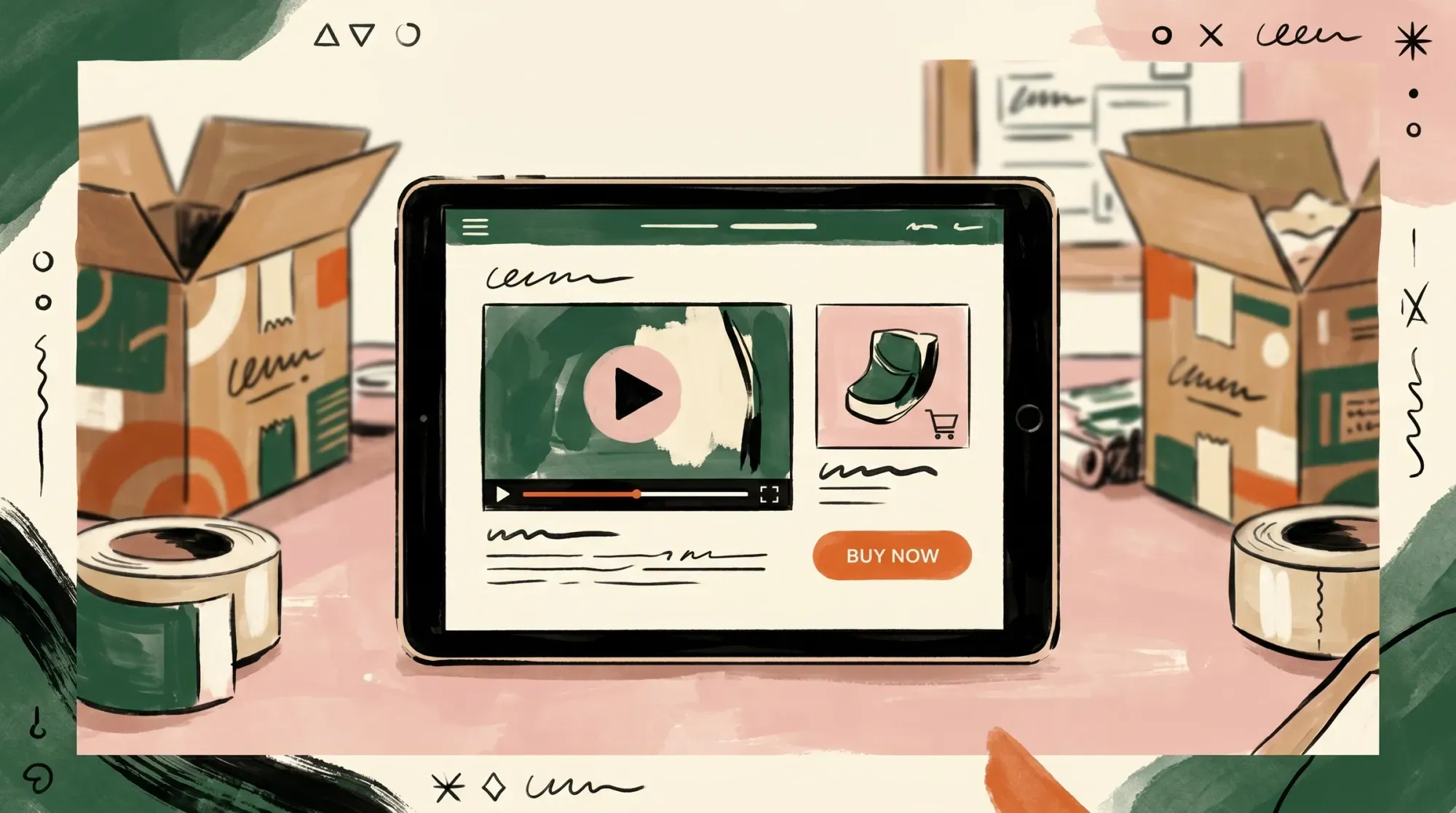 Tablet showing an ecommerce product page with a video demo player and buy button, surrounded by shipping boxes and packing tape