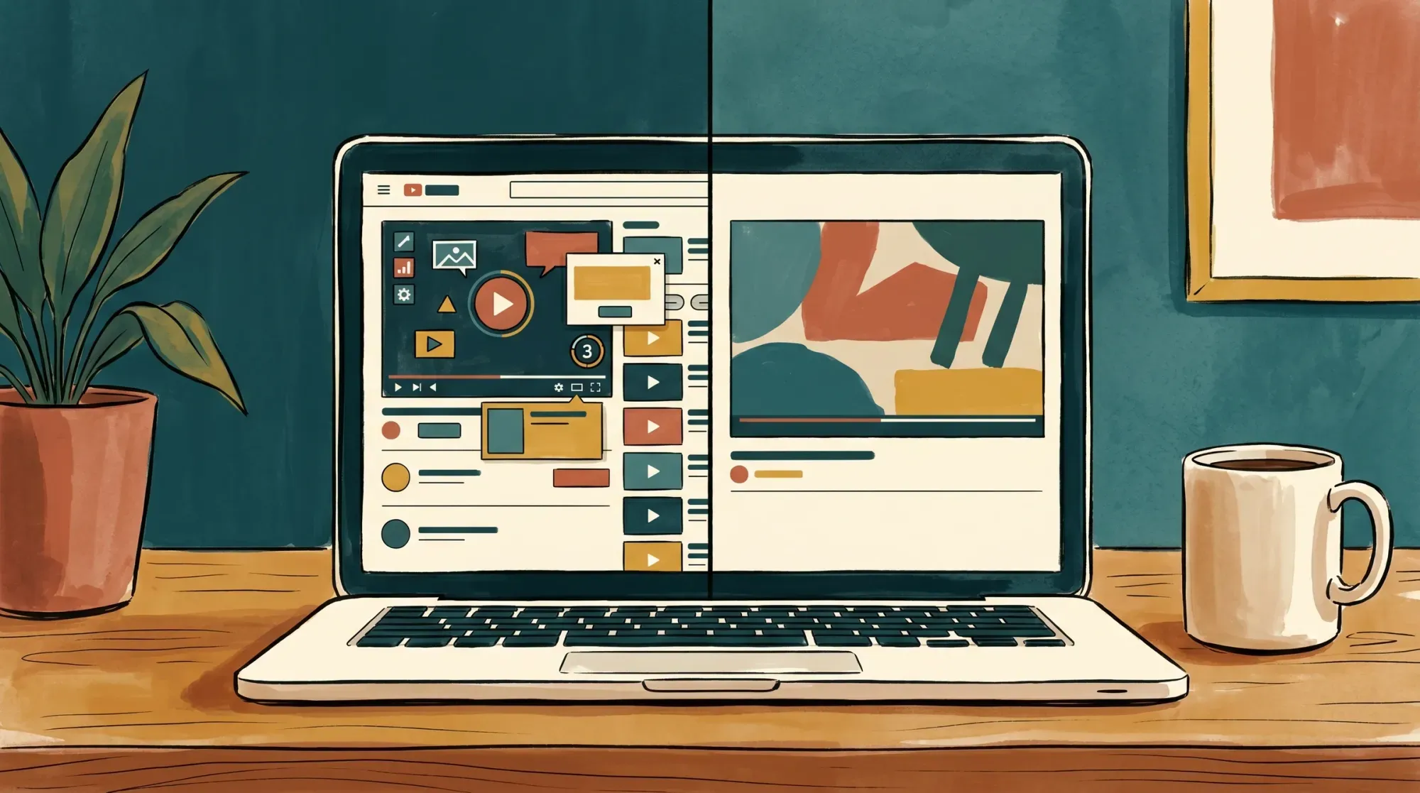 Laptop screen split in two showing a cluttered ad-filled video player on the left and a clean ad-free player on the right