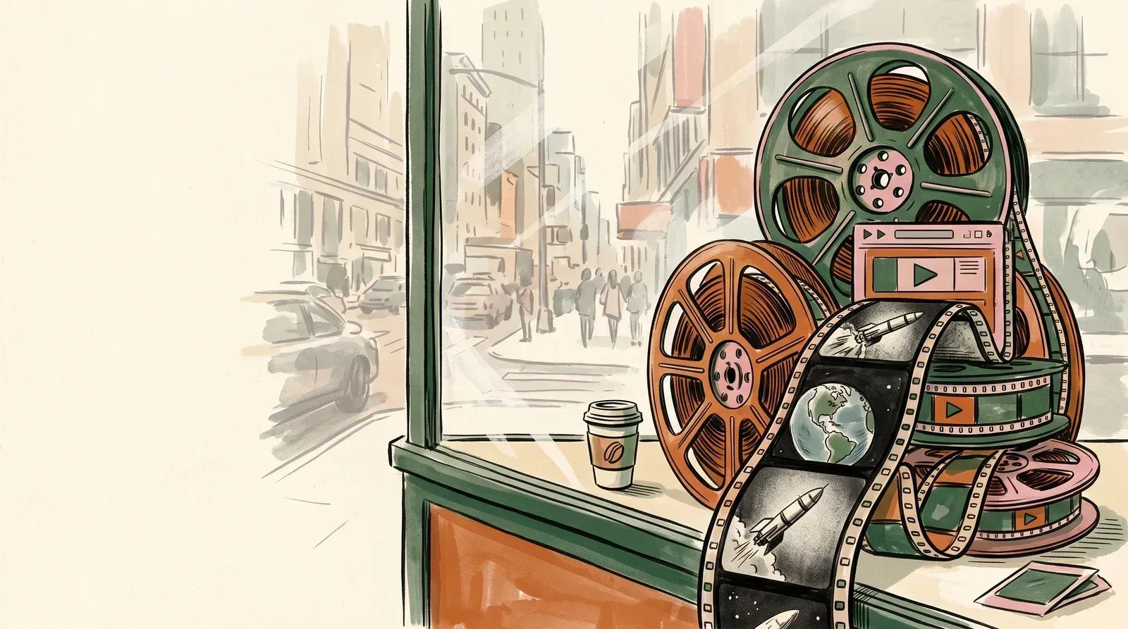 Editorial illustration of archival film reels and space imagery evoking public-domain footage libraries
