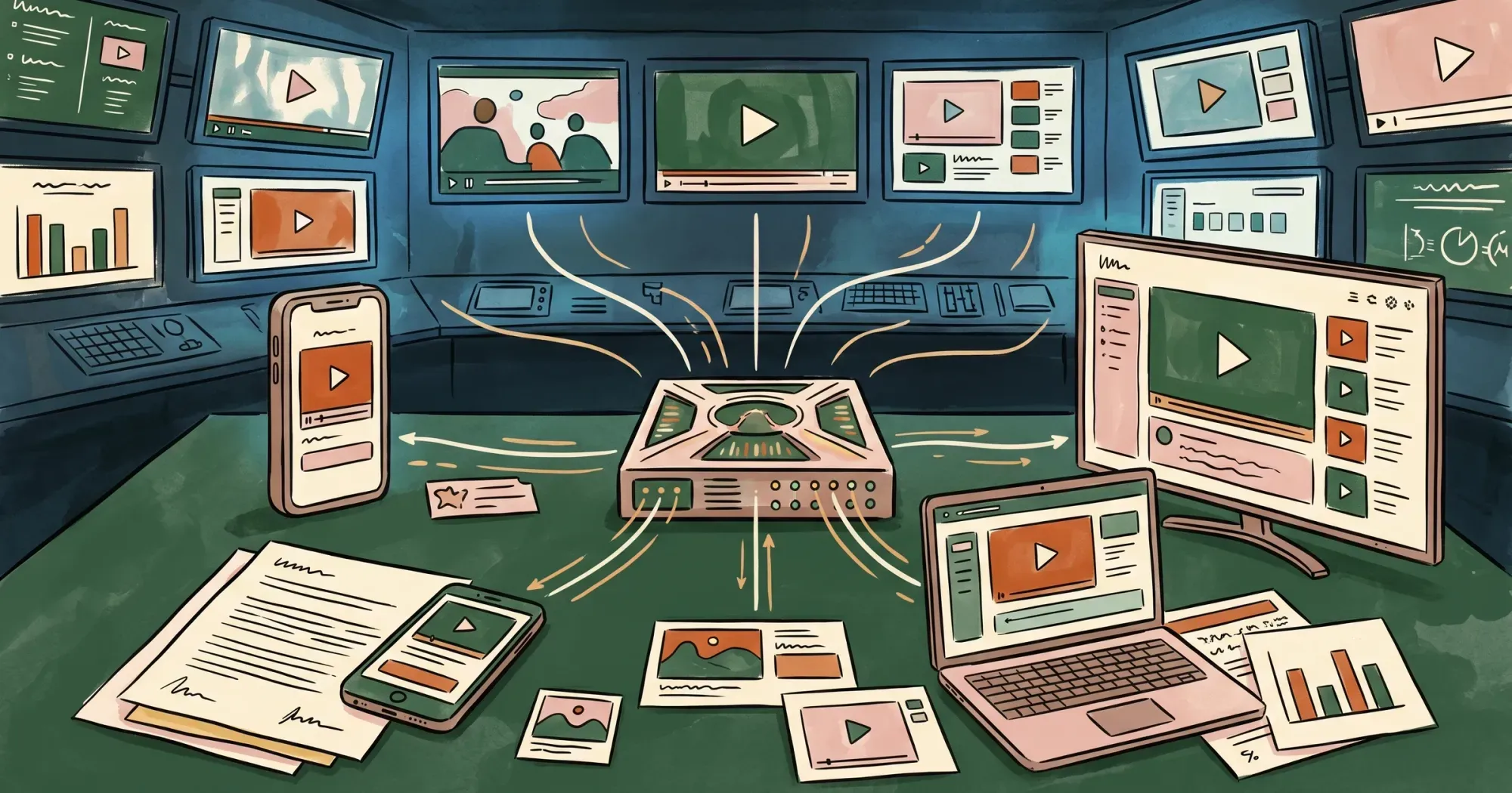 Control room hub routing video streams to phones, laptops, and monitors, editorial illustration
