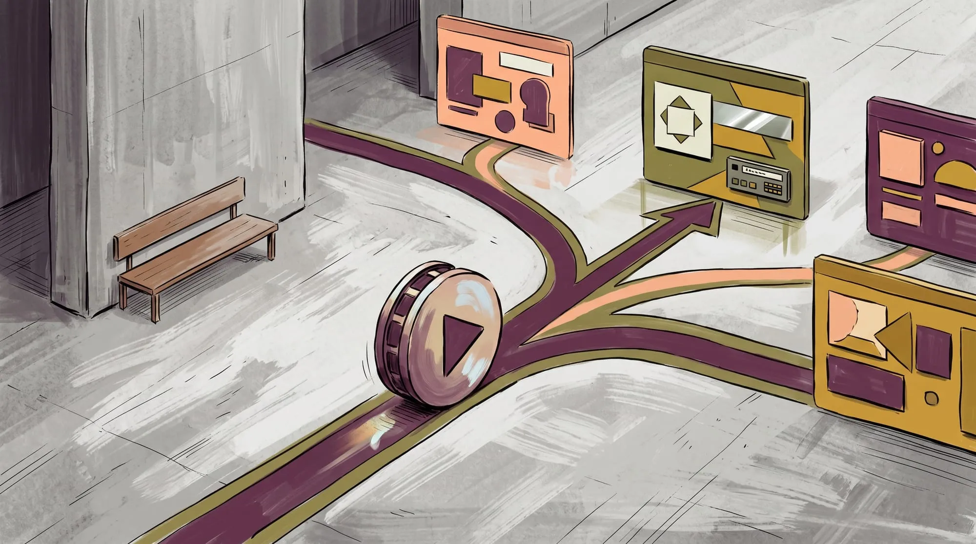 A video play-button token at a fork in the road with paths leading to different website platform cards, illustrating how to choose a video embed method per platform