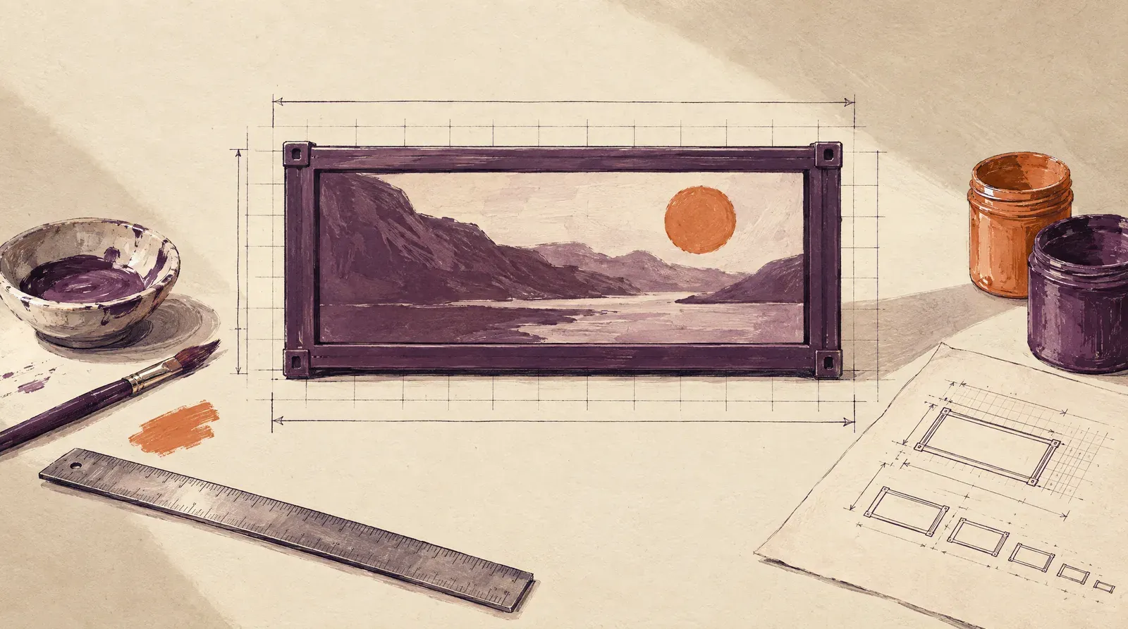 Ink drawing of a responsive widescreen frame scaling to fit a measured content column