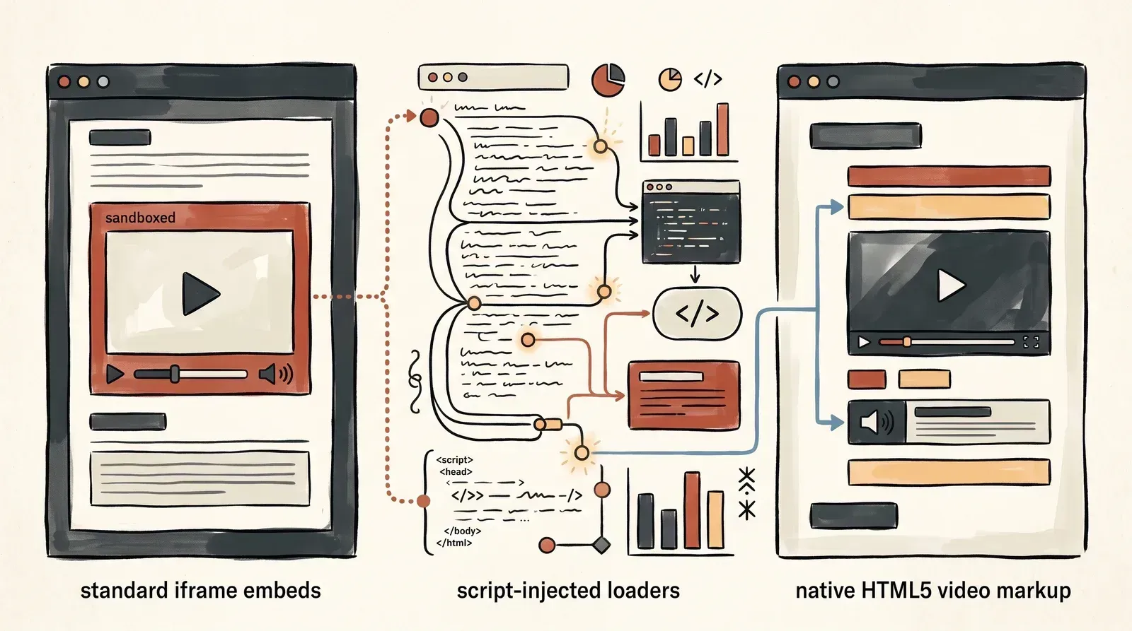 Diagram comparing a standard iframe embed, a script-injected player loader, and native HTML video markup