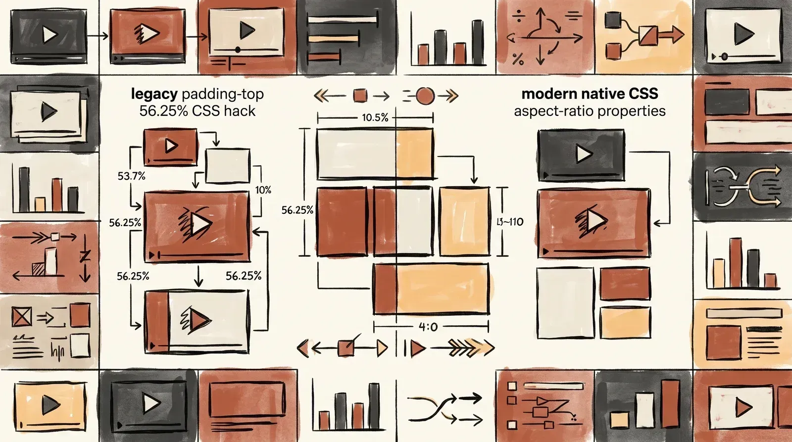 Diagram comparing the legacy 56.25% padding-top technique with a native CSS aspect-ratio video container