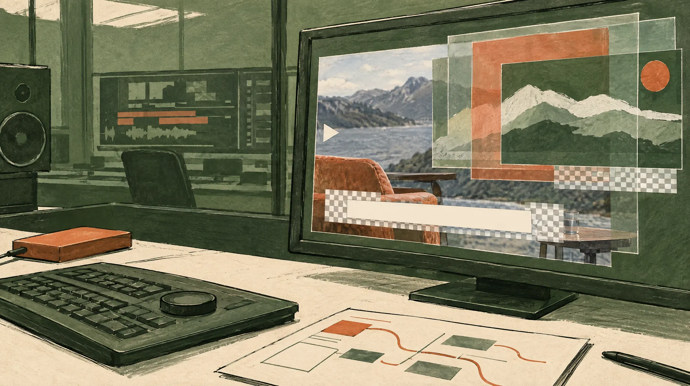 Checkerboard transparency and layered overlays reveal an alpha channel over video footage