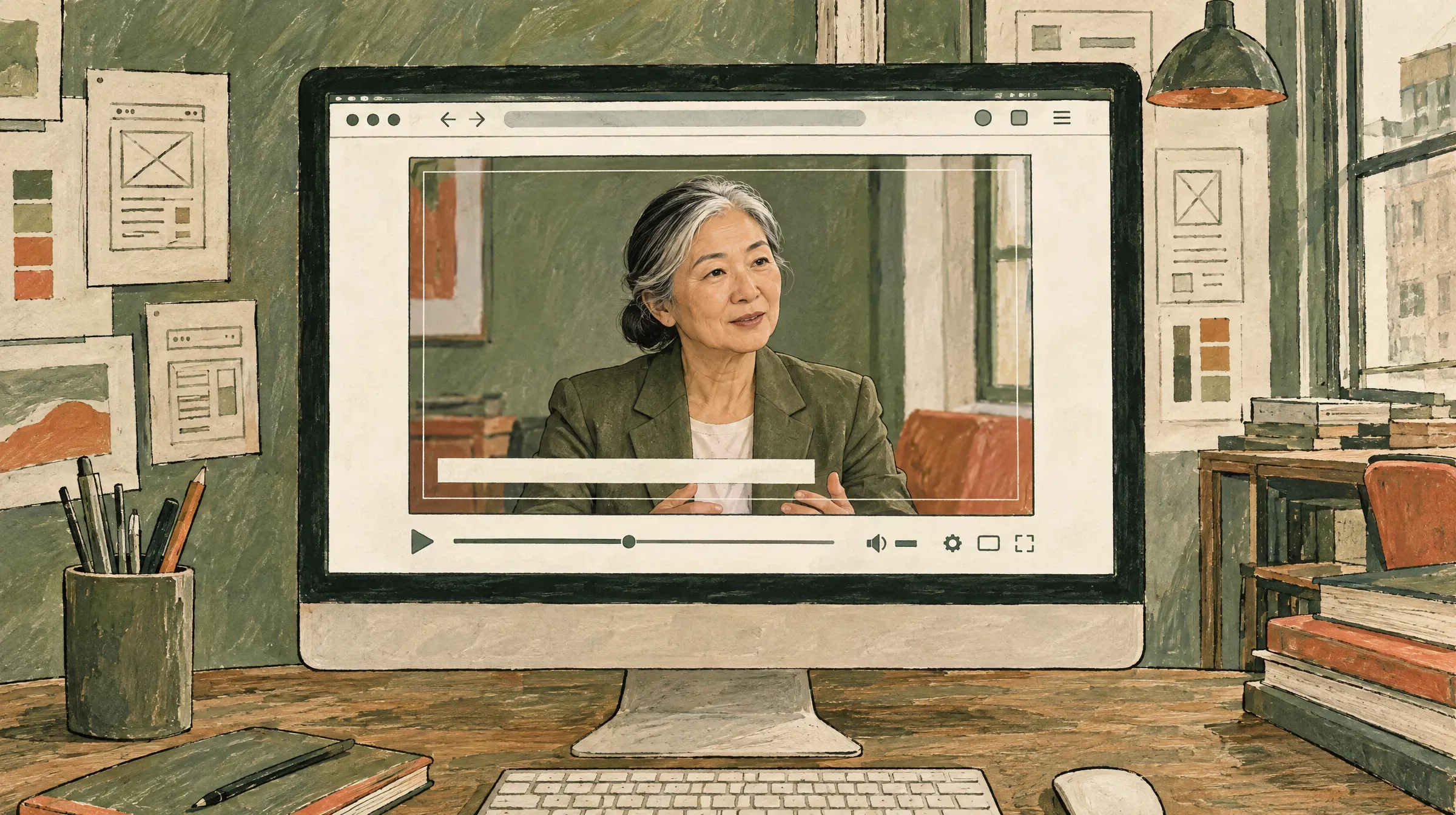 Website video shows an interview inside safe-area guides with the lower third above controls