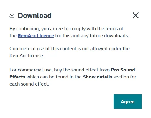 BBC Sound Effects WAV download notice stating no commercial use and directing commercial buyers to Pro Sound Effects