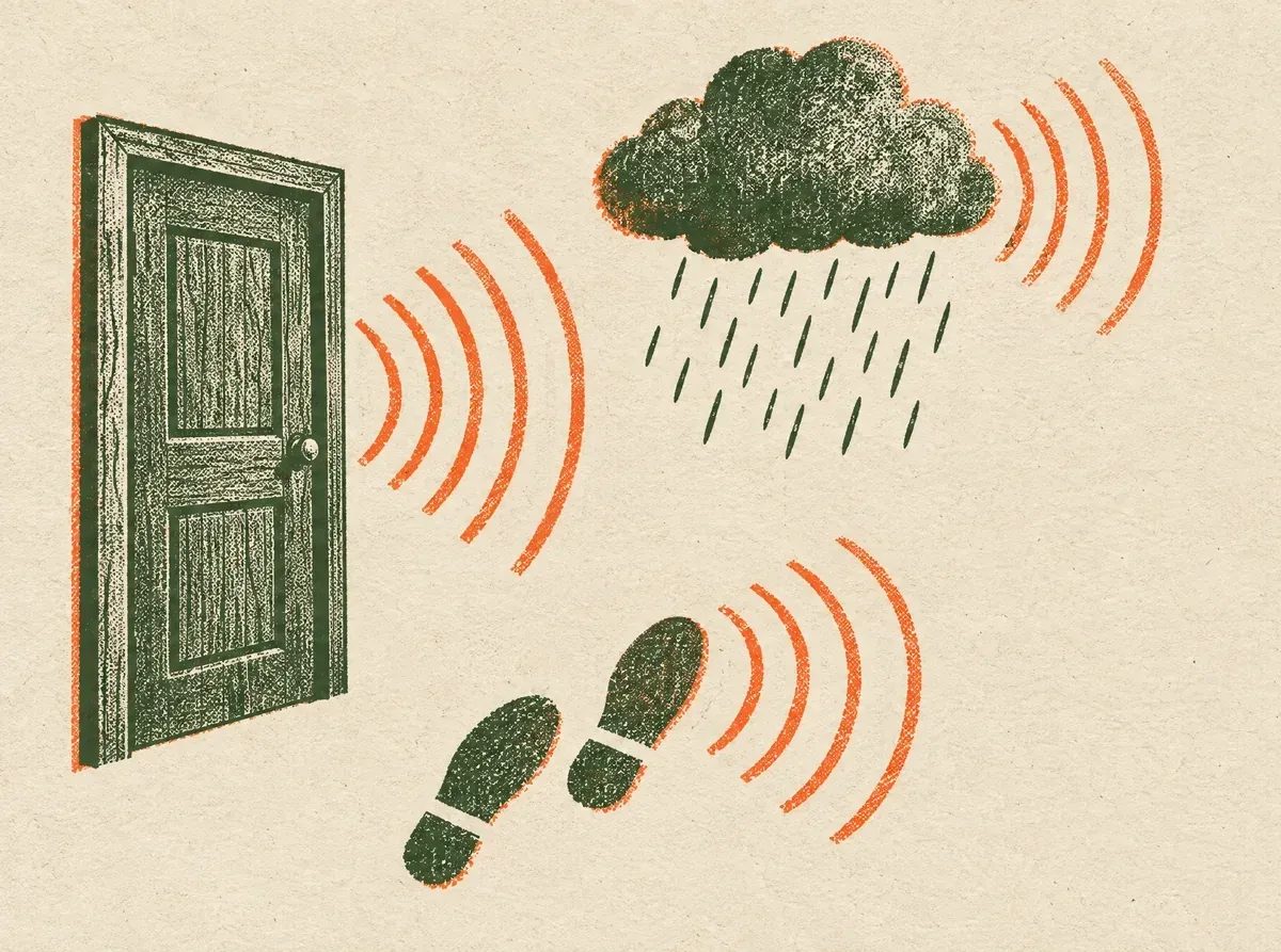 Ink illustration of a door, a pair of footprints, and a rain cloud, each with curved sound-wave lines spreading outward