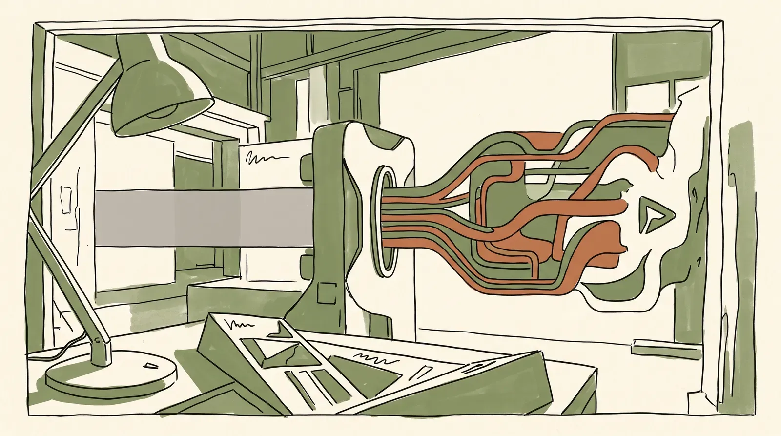 Ink drawing of a flat gray ribbon passing through a small gate and emerging as fuller bands of green and terracotta