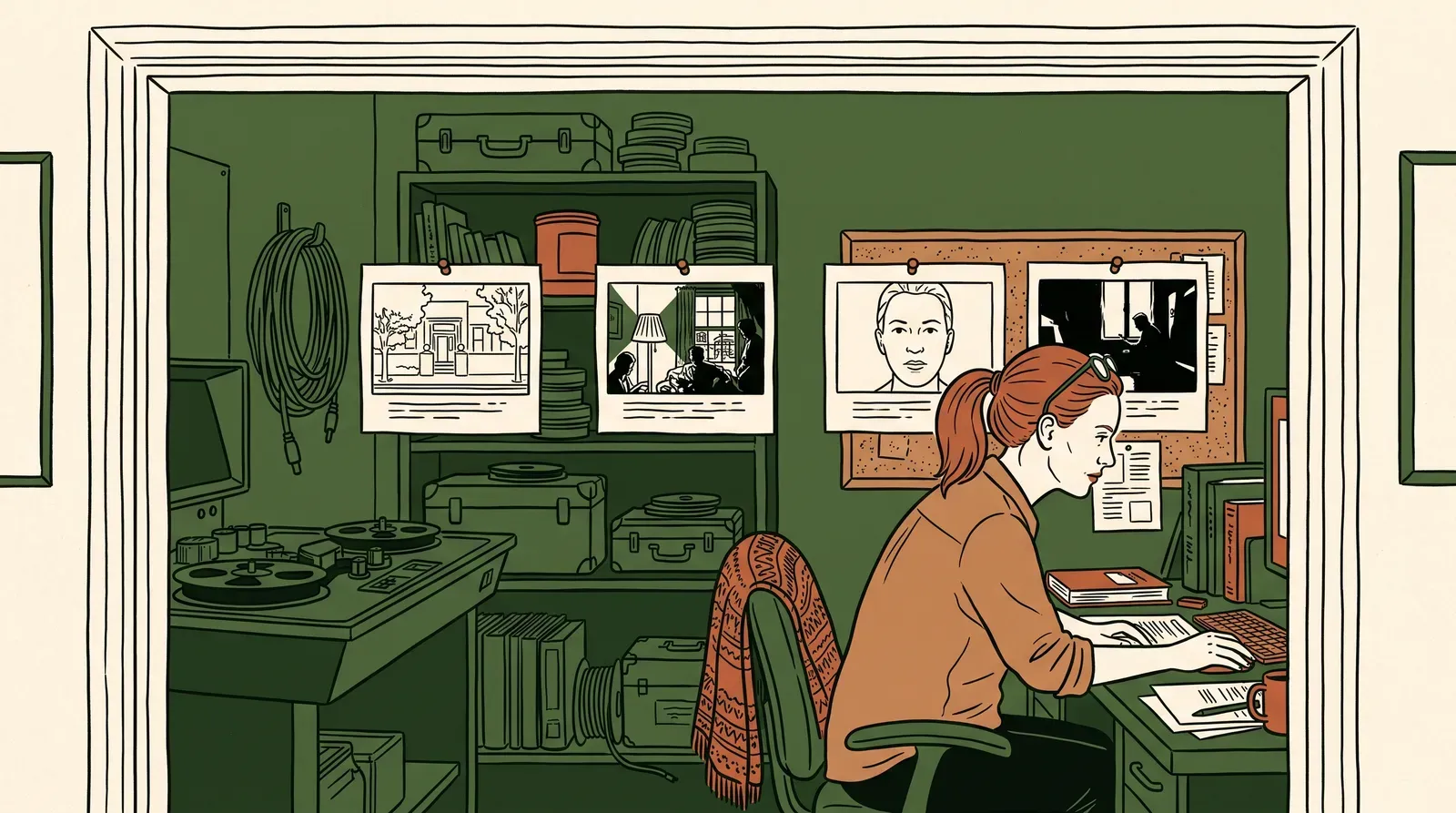 Ink drawing of an editor at a desk beside four pinned test frames: a house exterior, a lamplit room, a face and a dark scene