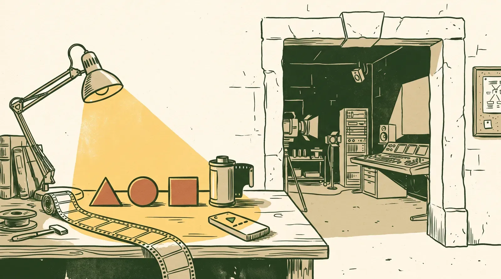 Ink drawing of a film strip and canister in lamplight beside a triangle, circle and square, with a grading suite through a doorway