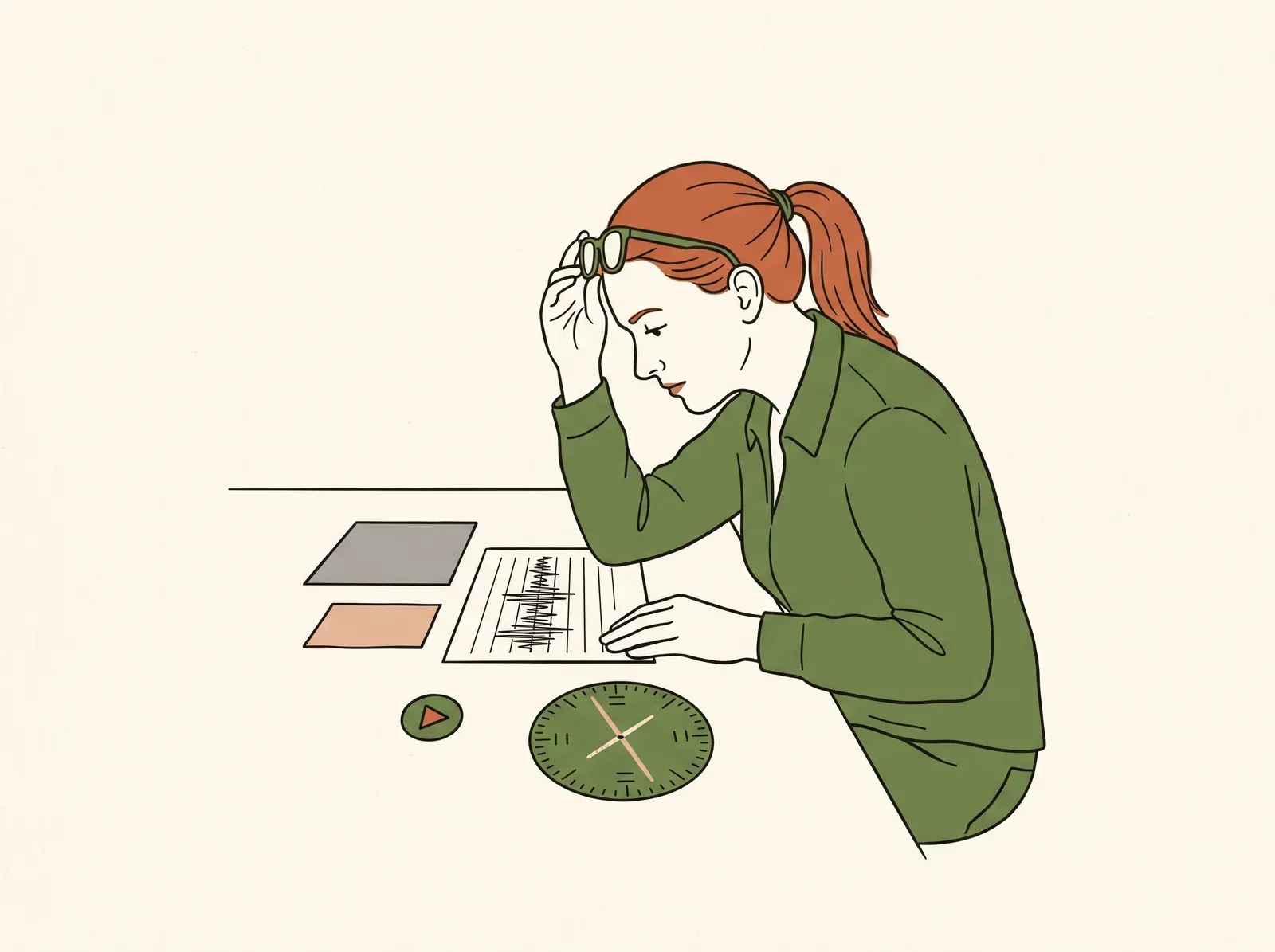 Ink drawing of an editor at a table with a gray card, skin-tone swatch, waveform trace and a vectorscope-style dial