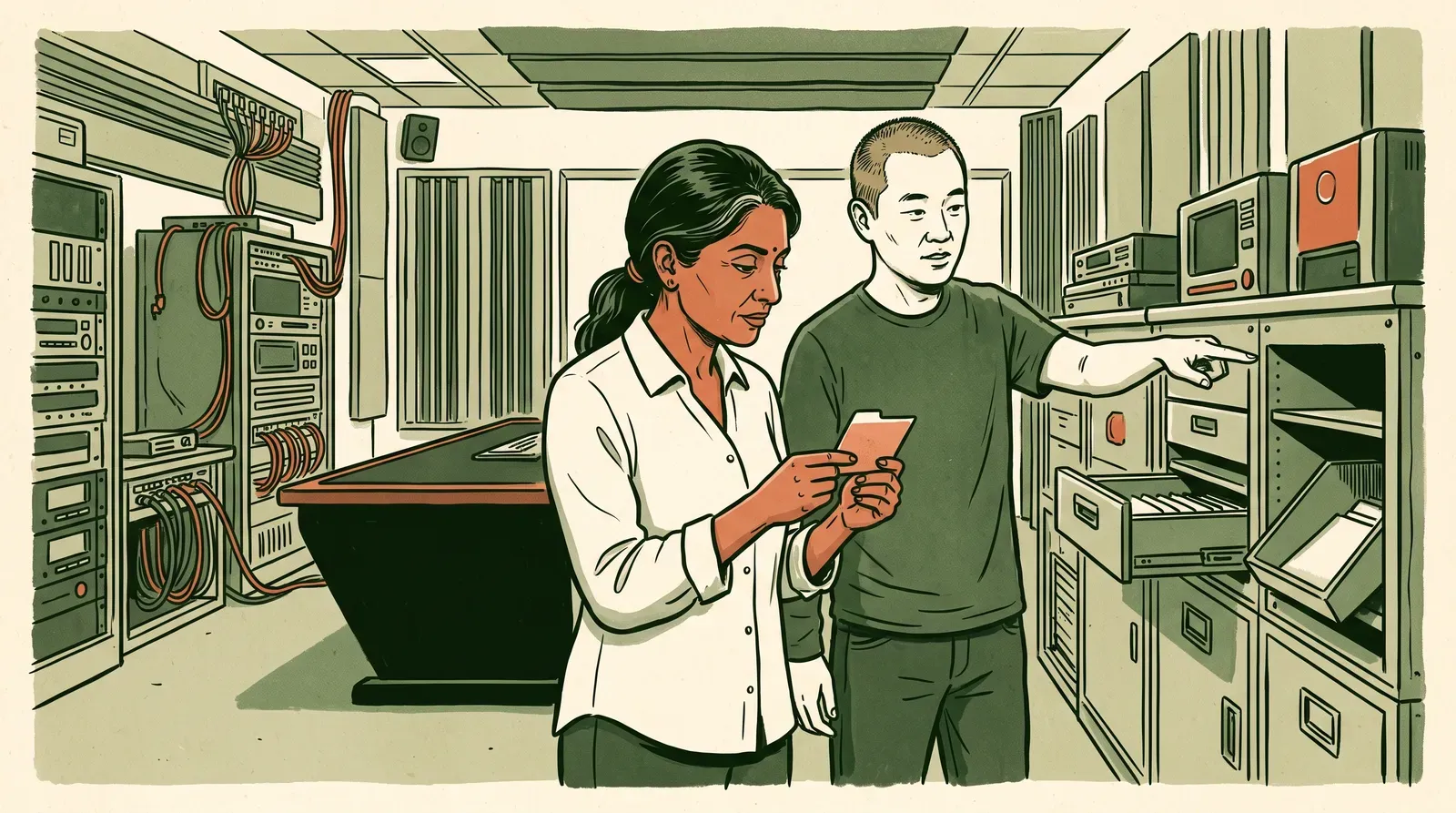 Ink drawing of two small editors holding a file card between three cabinets with a drawer, shelf and tray