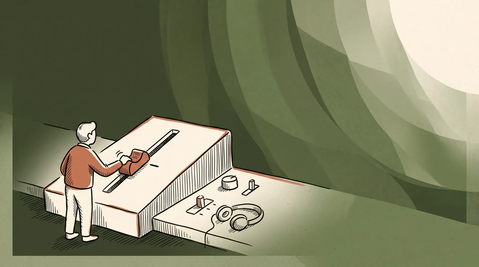 Ink drawing of a small editor easing a large slider back to mid-travel beside softening overlapping tonal bands