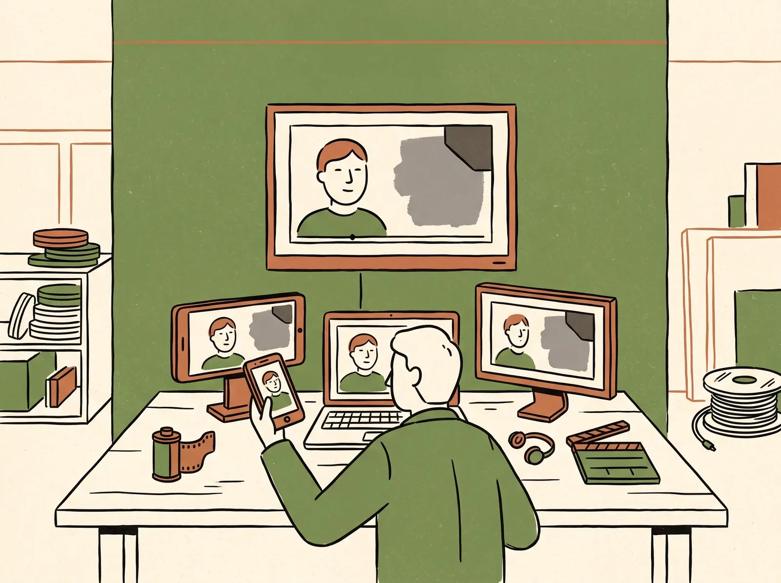 Ink drawing of an editor at a desk comparing the same face, gray patch and dark corner on a phone, a laptop and two monitors