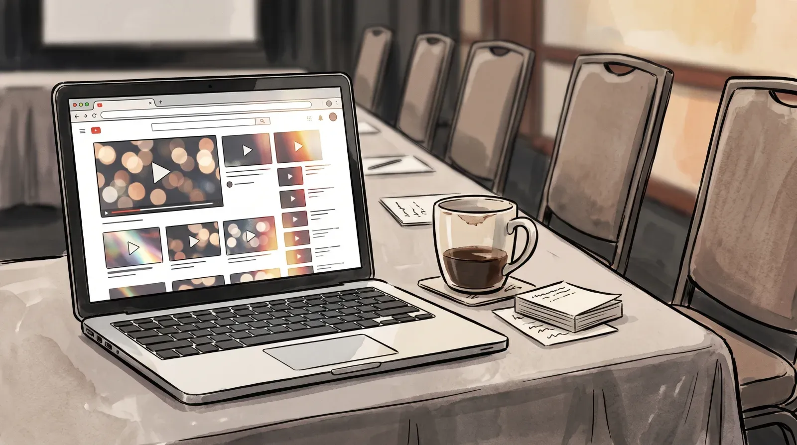 Laptop on a conference table showing a grid of free stock overlay clip thumbnails next to handwritten notes