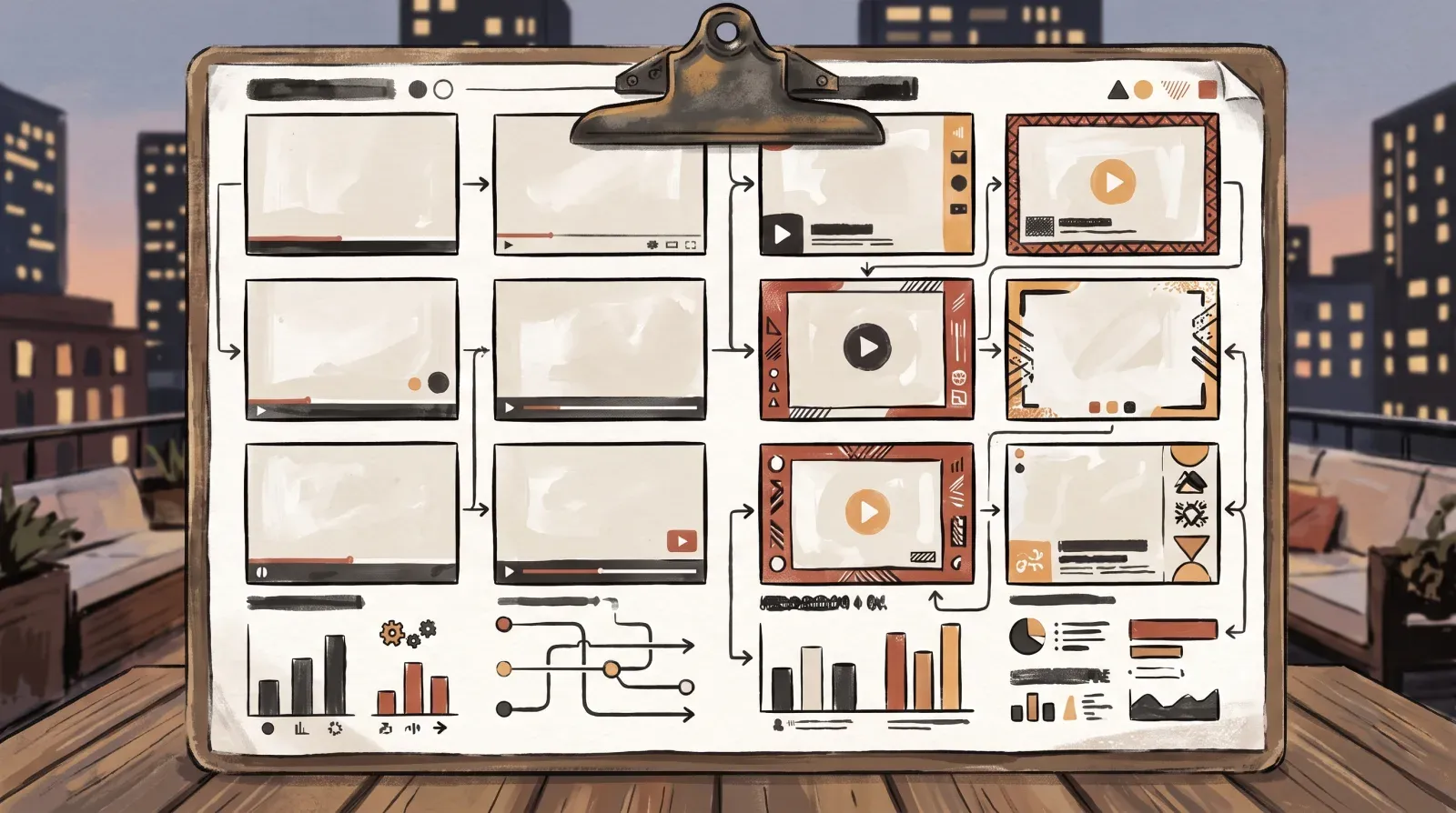 Clipboard holding a grid of video-player panels linked by arrows, used to compare overlay sources side by side