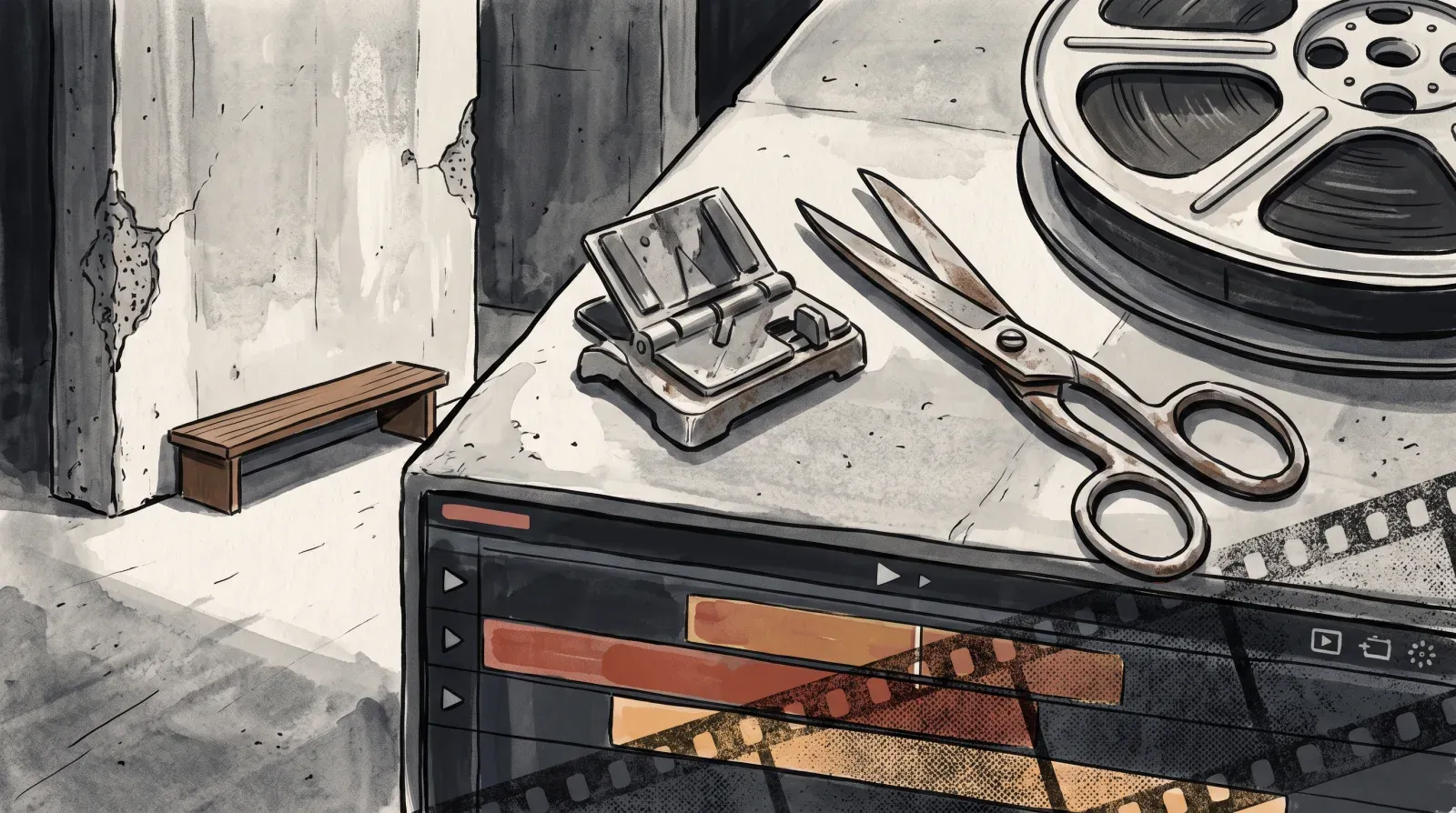 Film splicer, scissors, and a strip of 35mm film above an editing timeline with stacked clip tracks