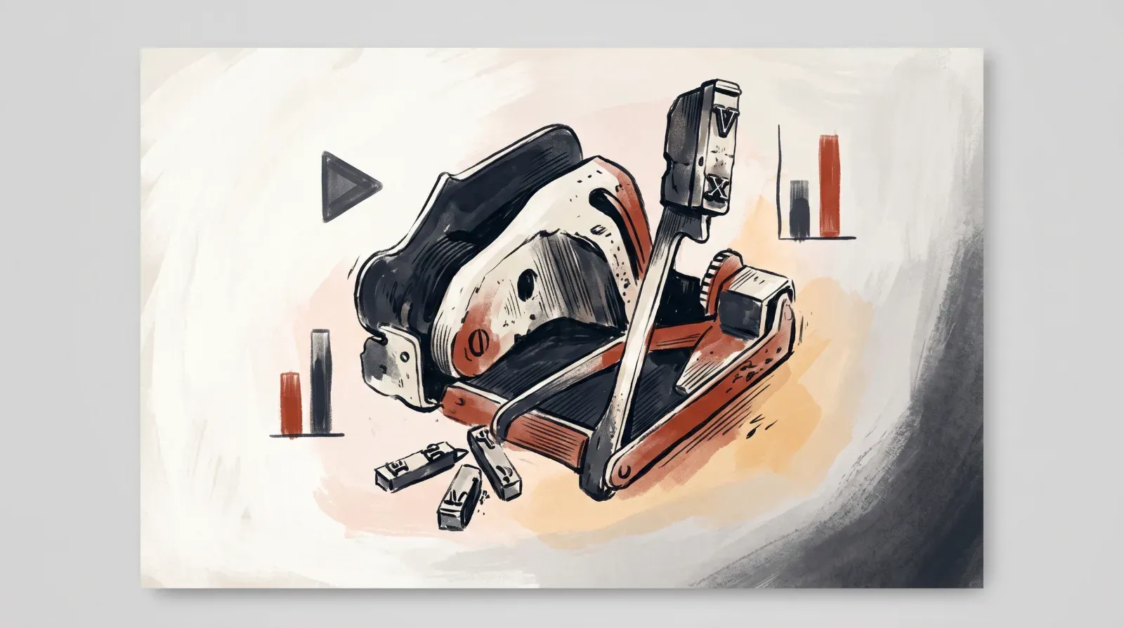 Disassembled mechanism with a play-button triangle and scattered blocks, suggesting video delivery pulled apart
