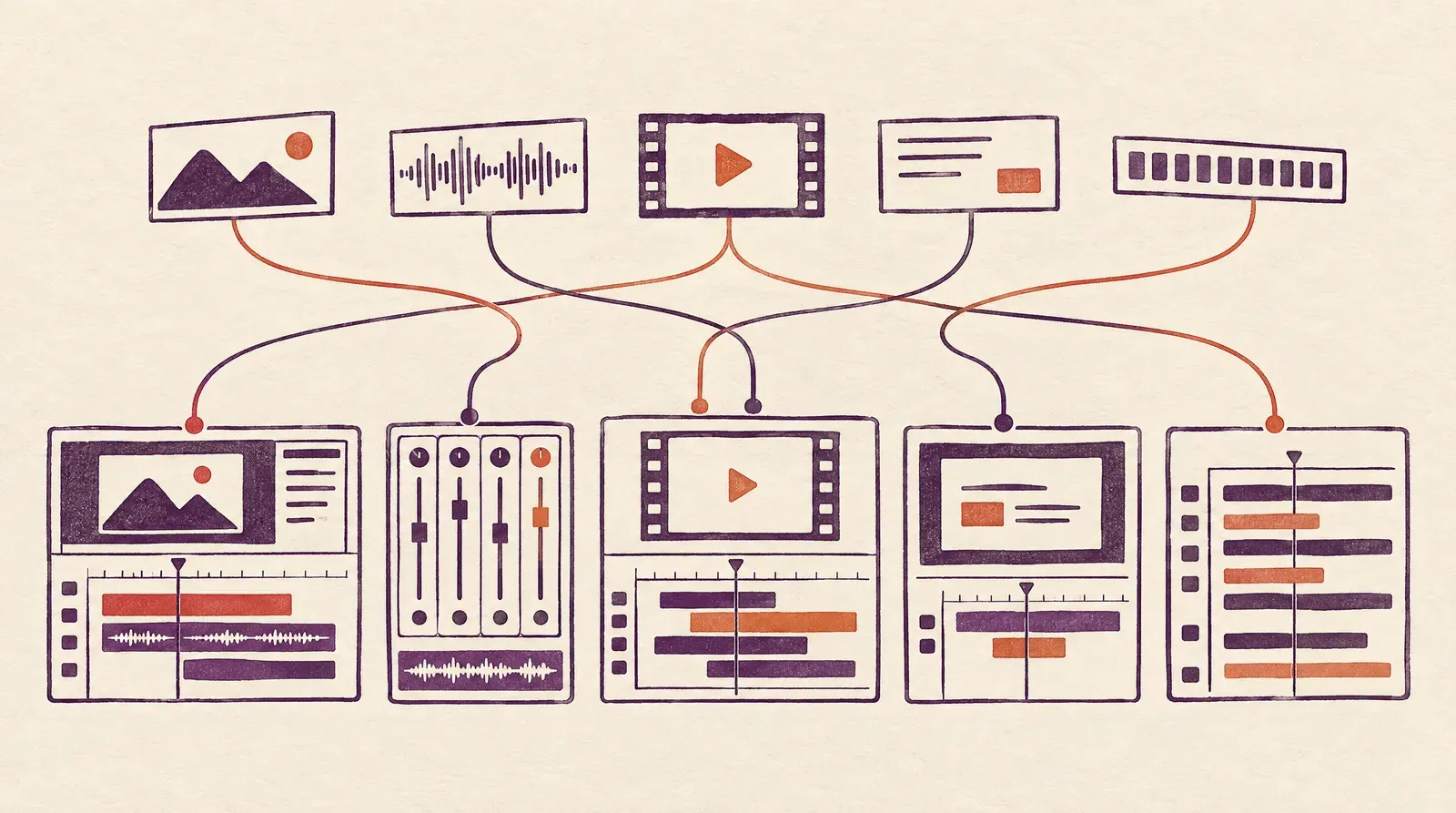 Ink drawing of distinct transition media pieces matched to abstract editing-system slots