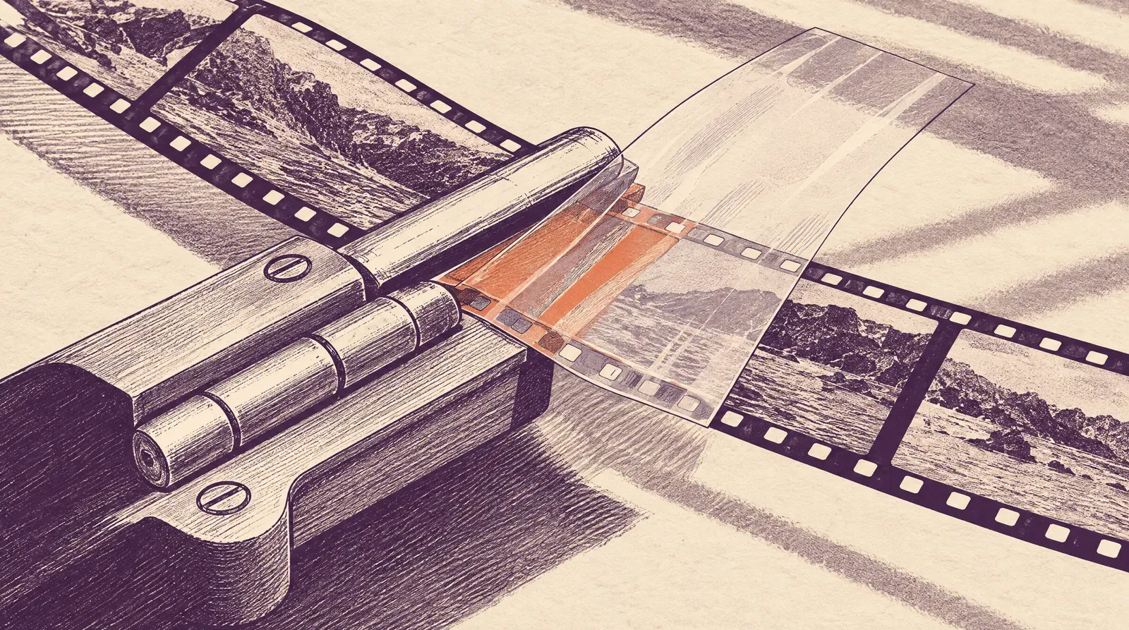 Ink drawing contrasting an editable hinged mechanism with a translucent overlay crossing a film splice