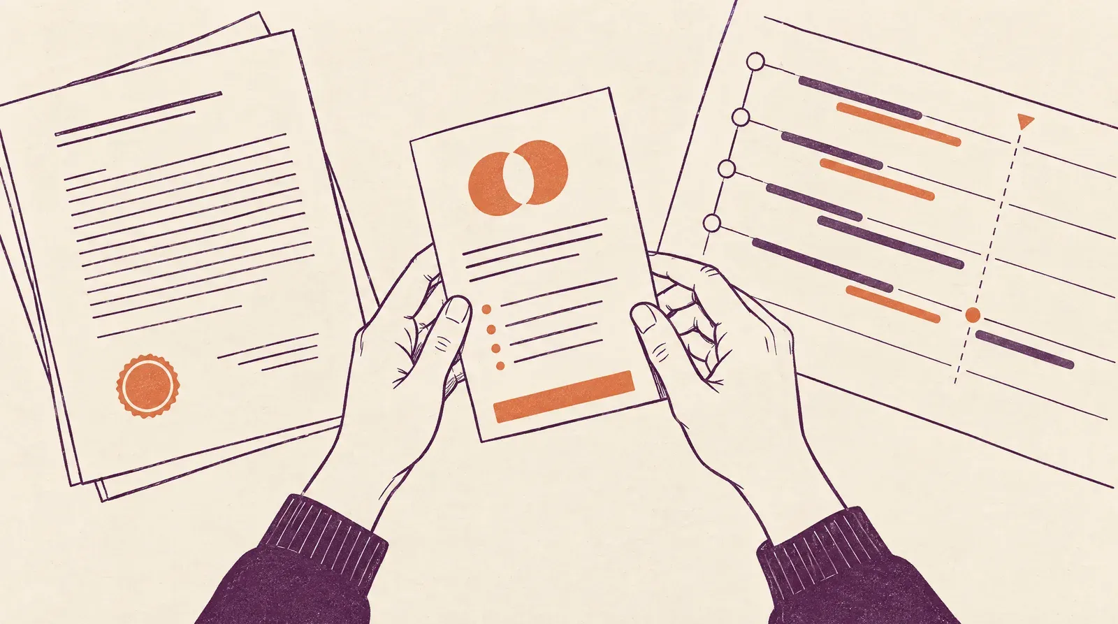 Ink drawing of hands checking a transition pack and permission document beside a client timeline