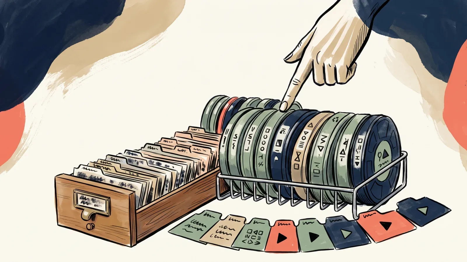 An open card-catalogue drawer beside a rack of sequentially numbered film cans and a fanned row of index tabs