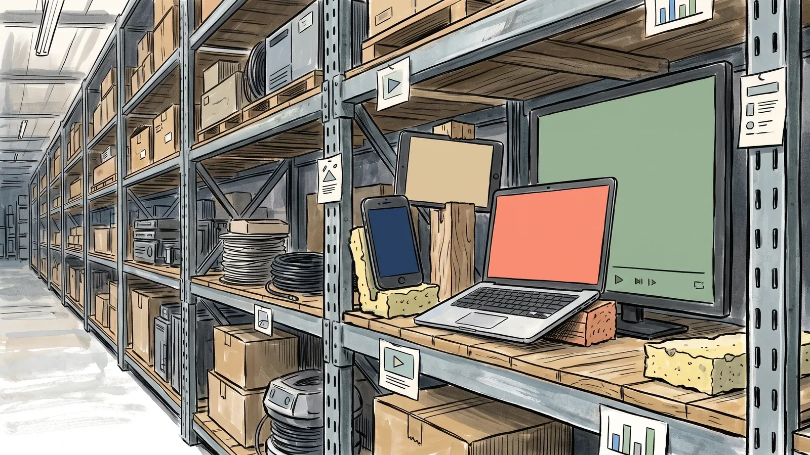An assortment of consumer devices — phone, tablet, laptop and television — on warehouse shelving, each screen showing a flat field of colour