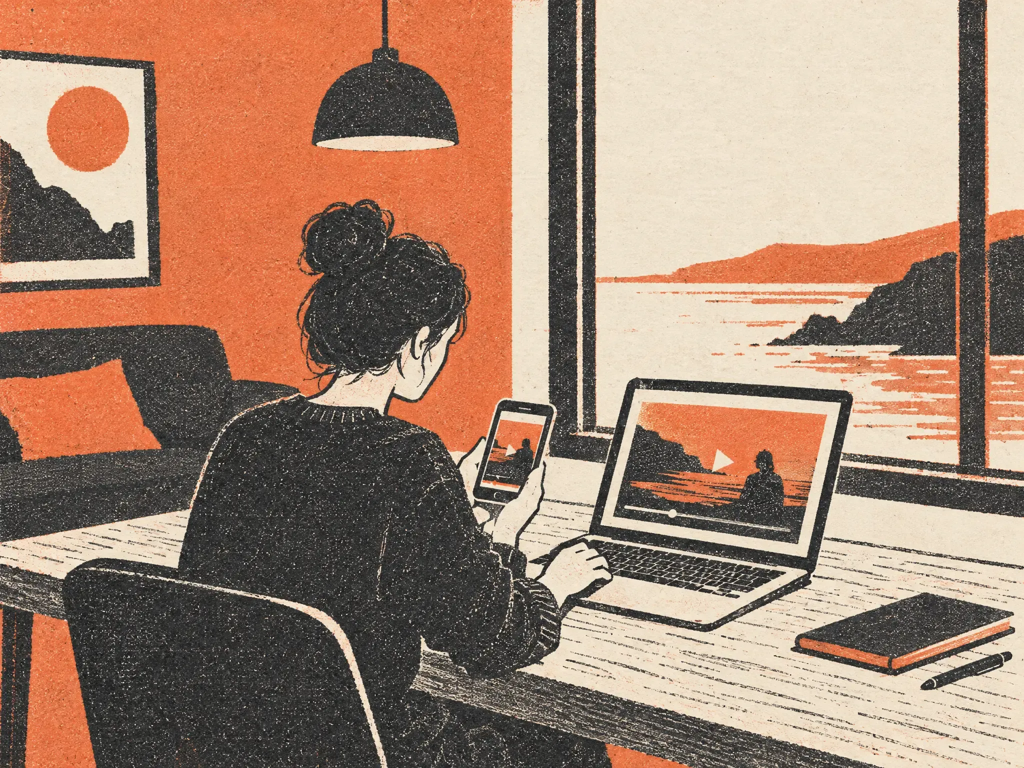 A web developer checks a video player on a laptop and phone at a home workspace.
