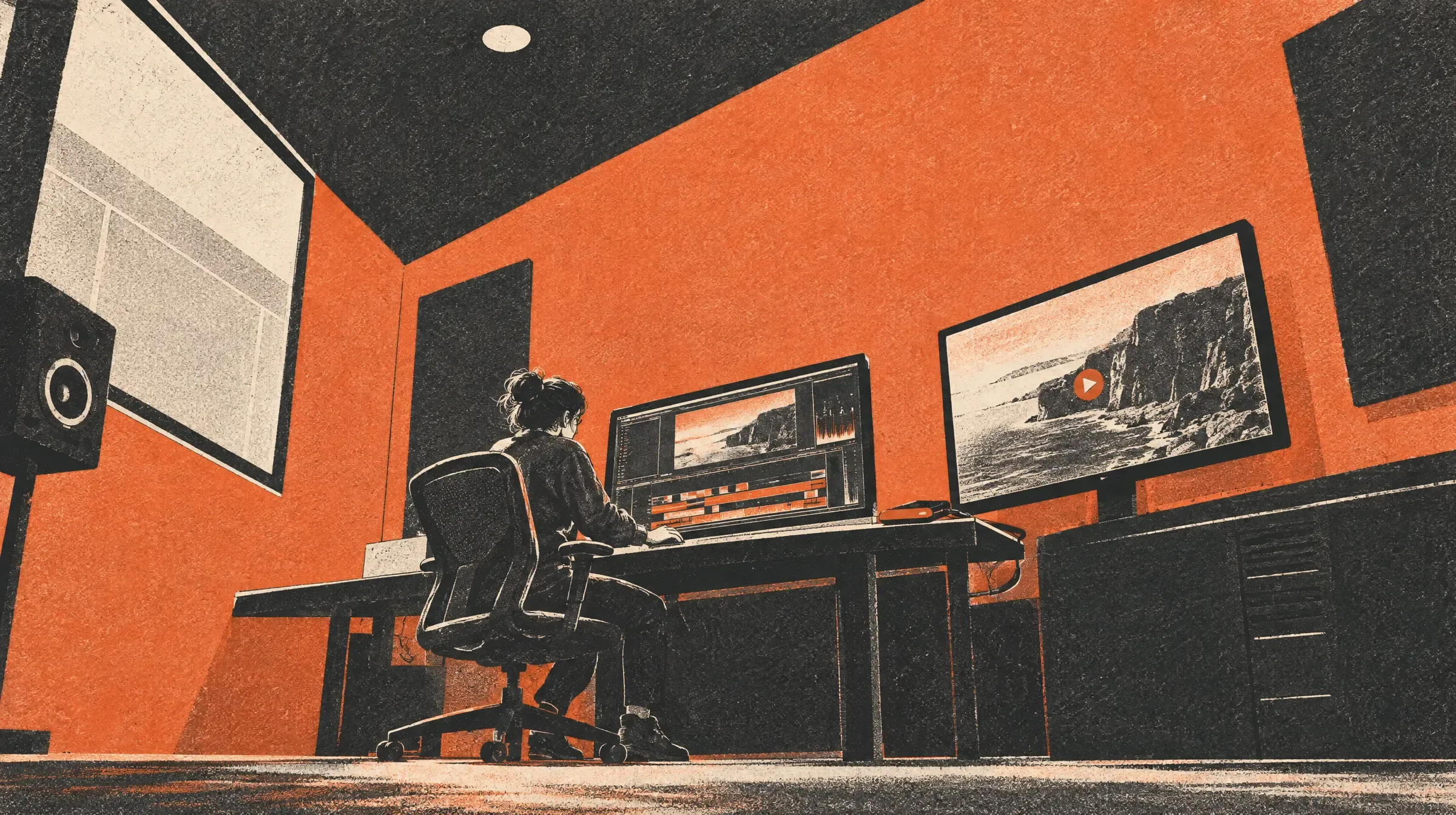 A video editor works at a desktop in a small suite, with a portable drive beside a separate monitor playing a clip.