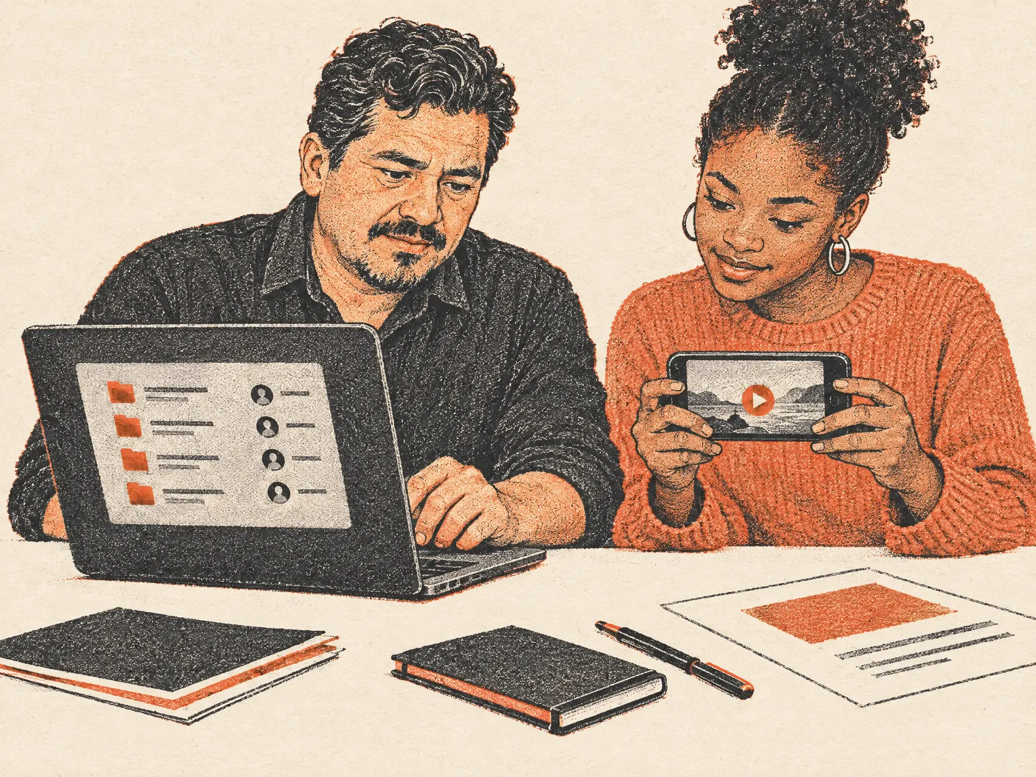 A site owner checks a file-sharing panel while a colleague tests the video on a phone.