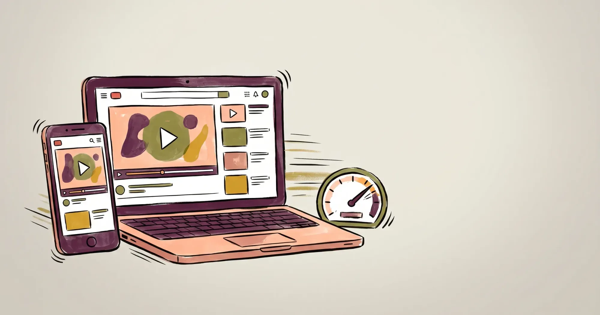 A laptop and phone playing the same video instantly beside a speedometer near full