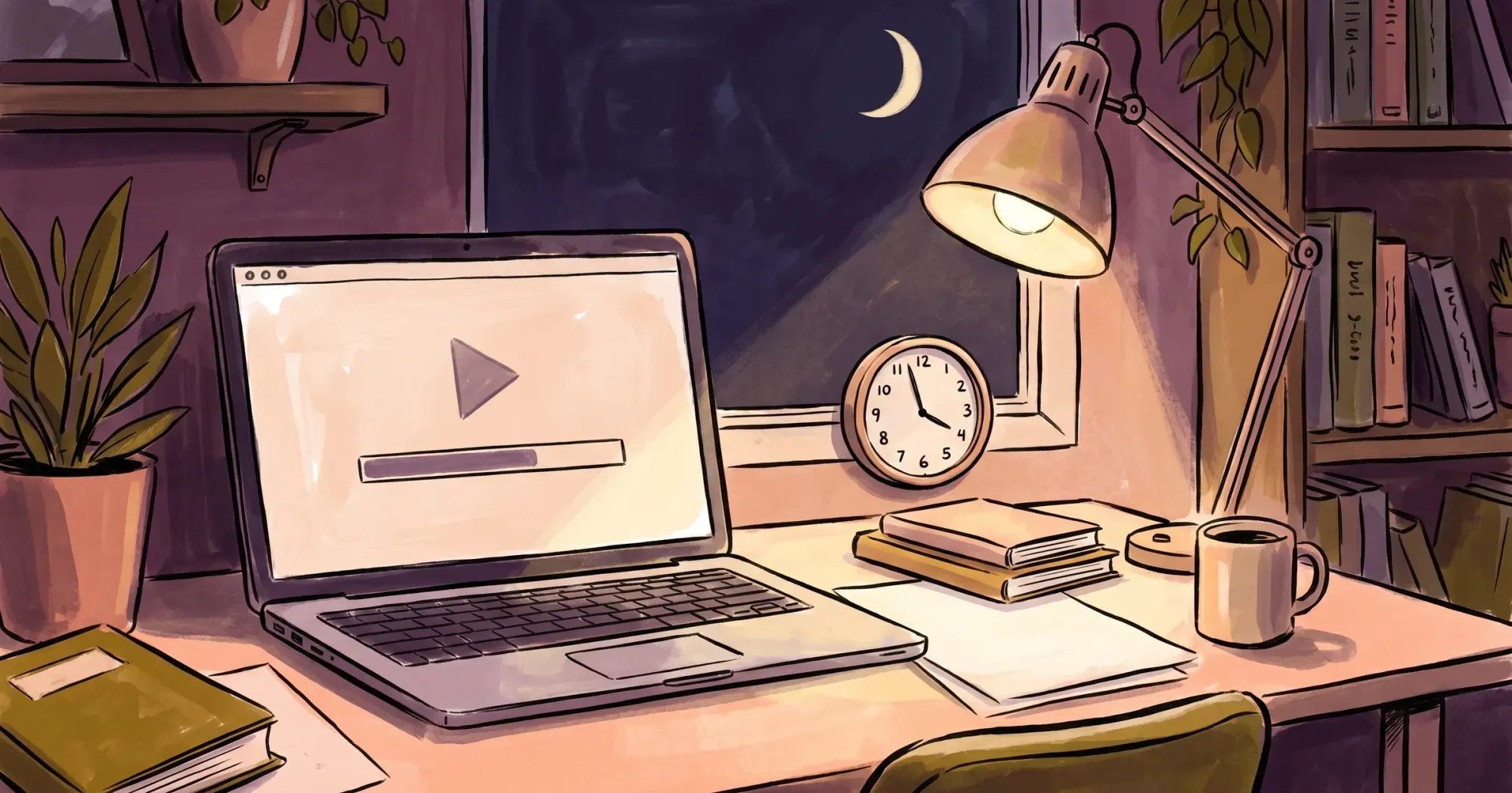 A laptop uploading a video late at night beside a wall clock, a crescent moon in the window