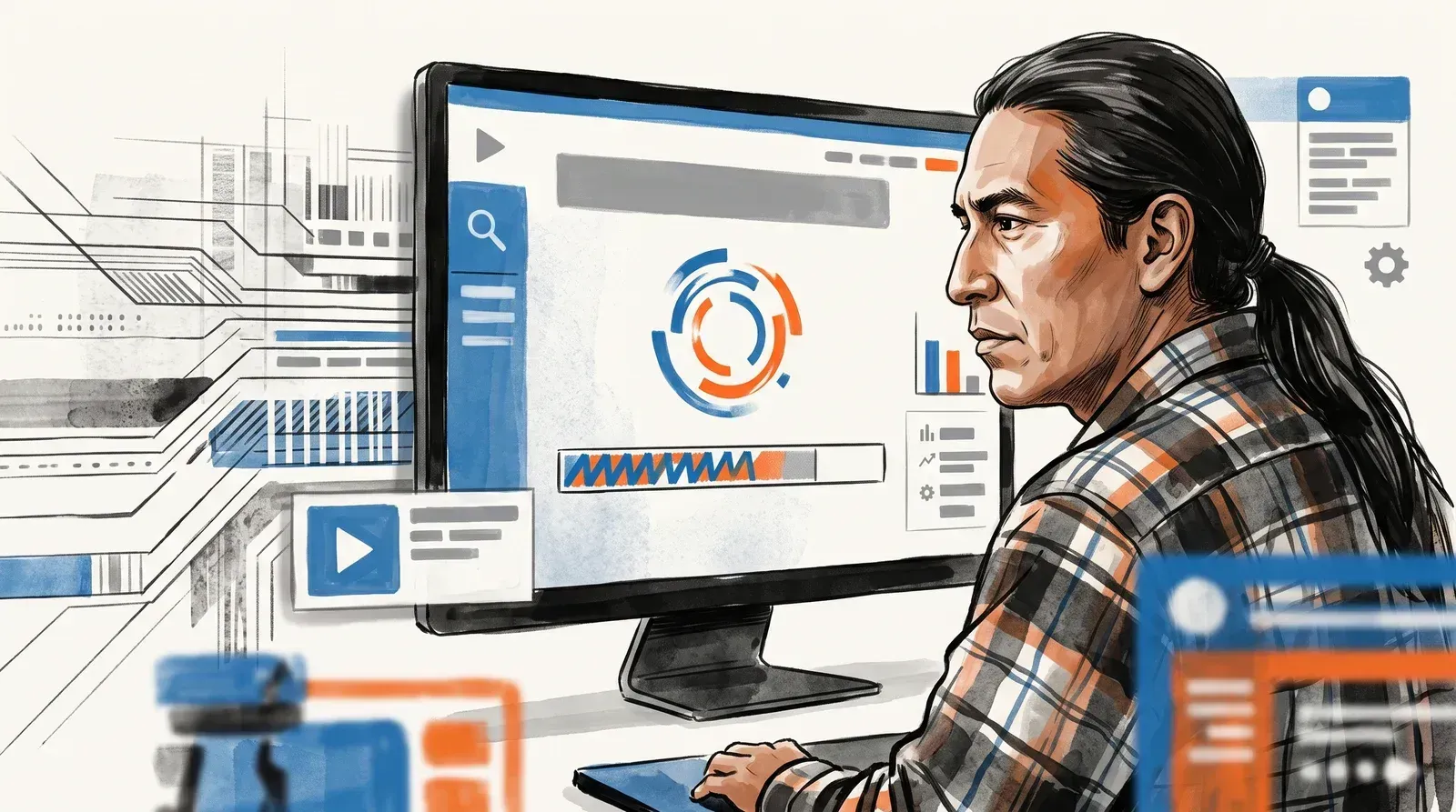 Illustration of a creator watching an upload progress bar and processing indicator on a monitor while status icons cycle around it