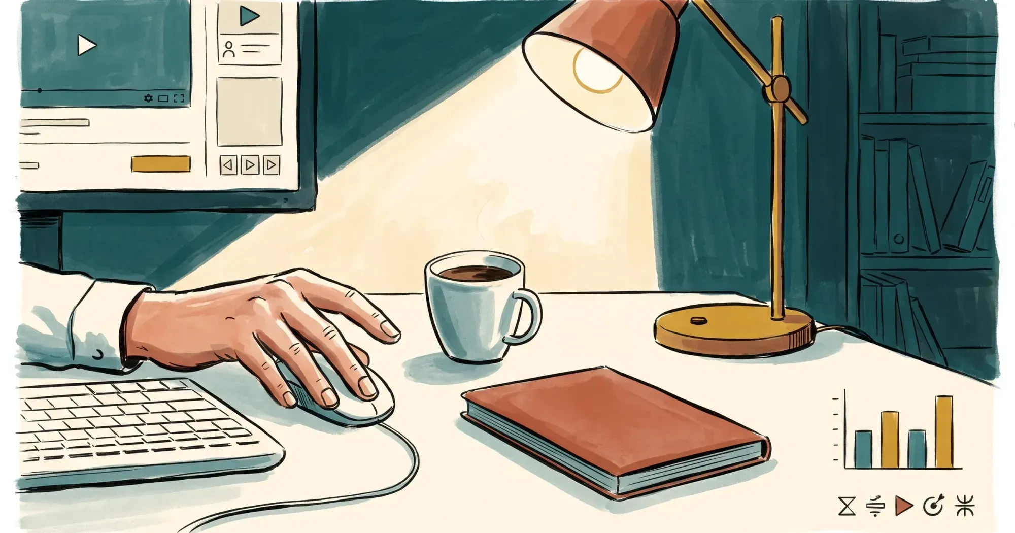 Hand resting on a computer mouse at a lamplit desk after completing the final channel deletion step