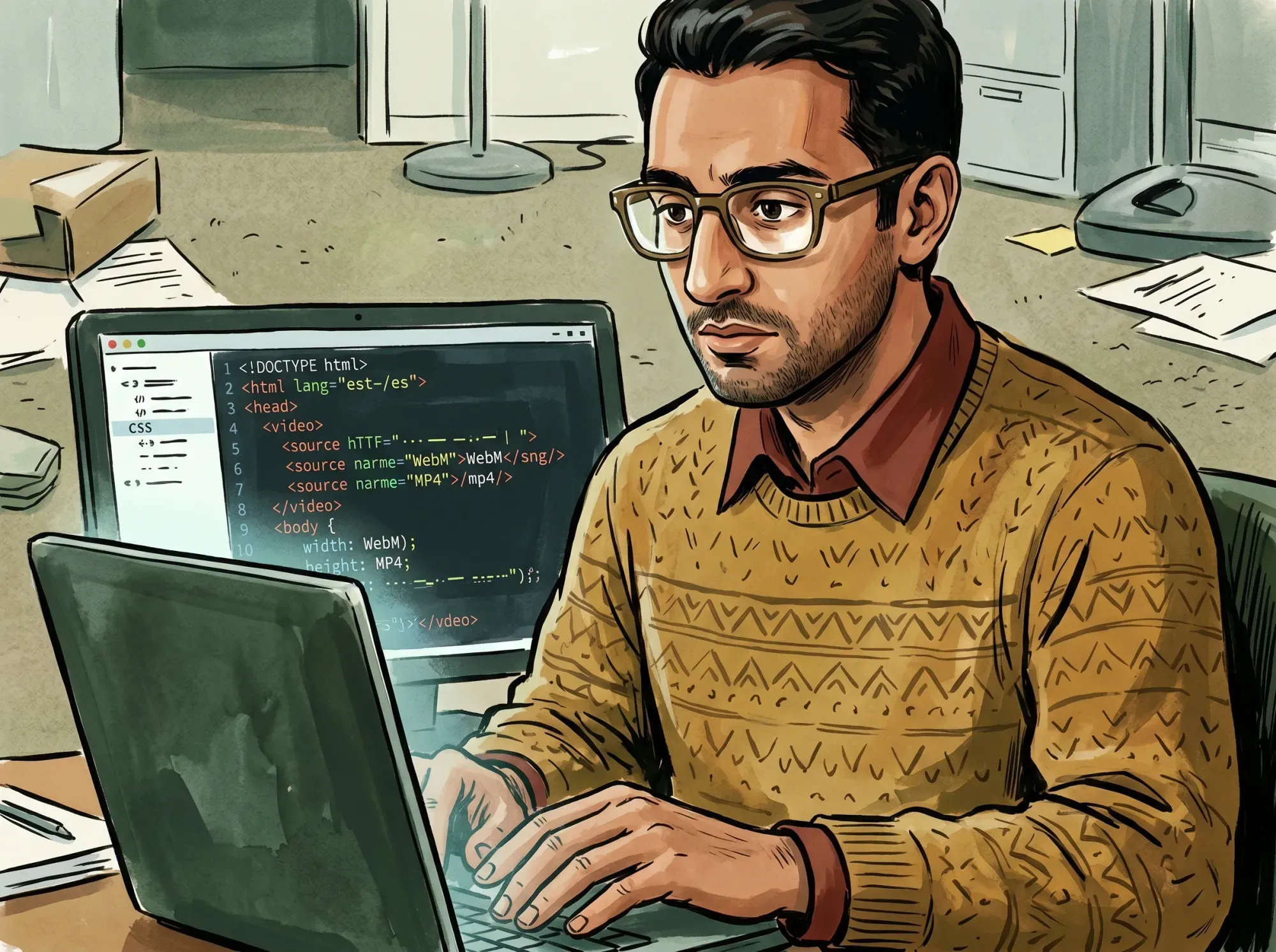 Developer coding HTML and CSS for background video on multiple monitors