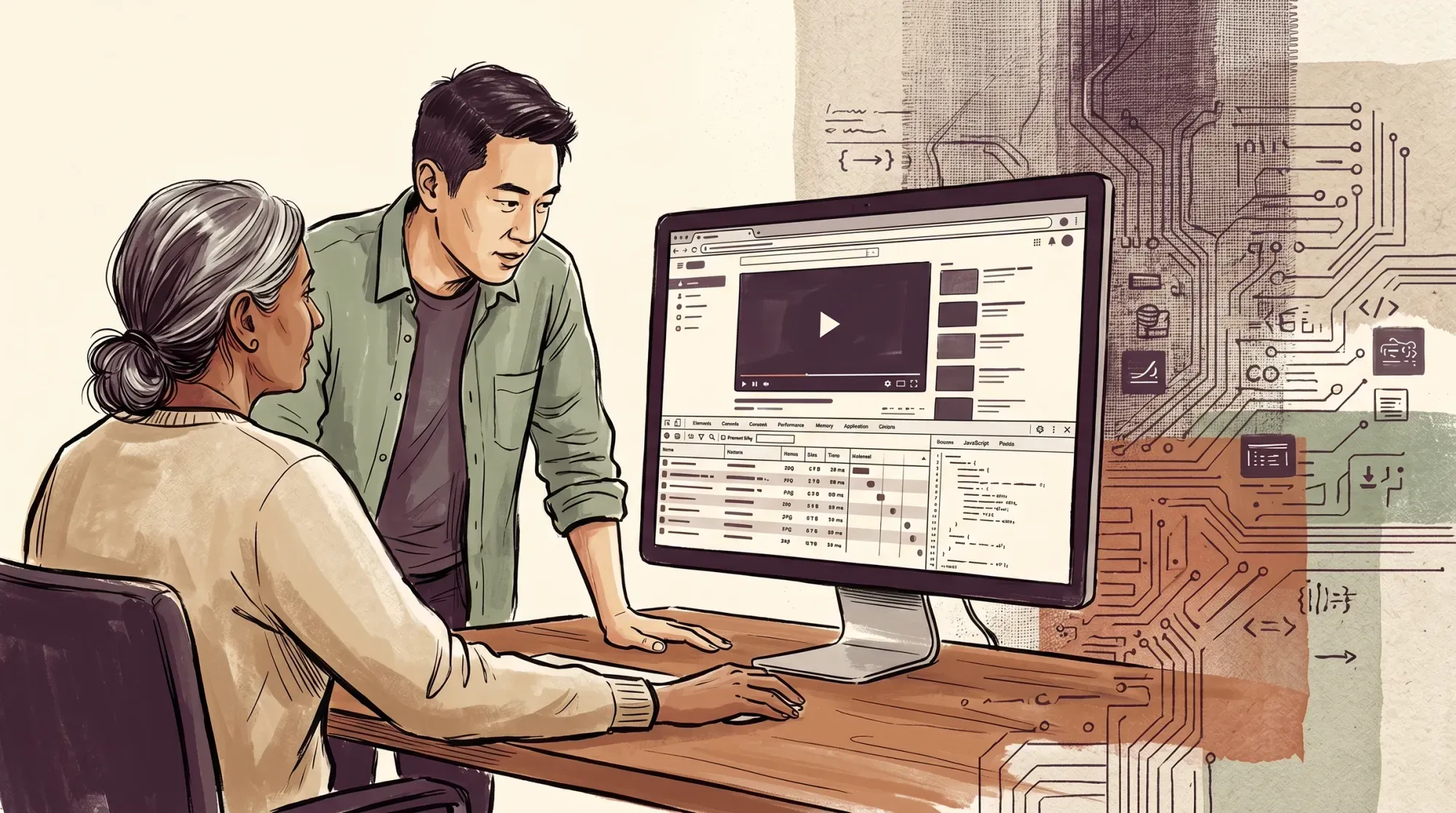 Developer at a standing desk with dual monitors comparing video player documentation pages in a bright open-plan office