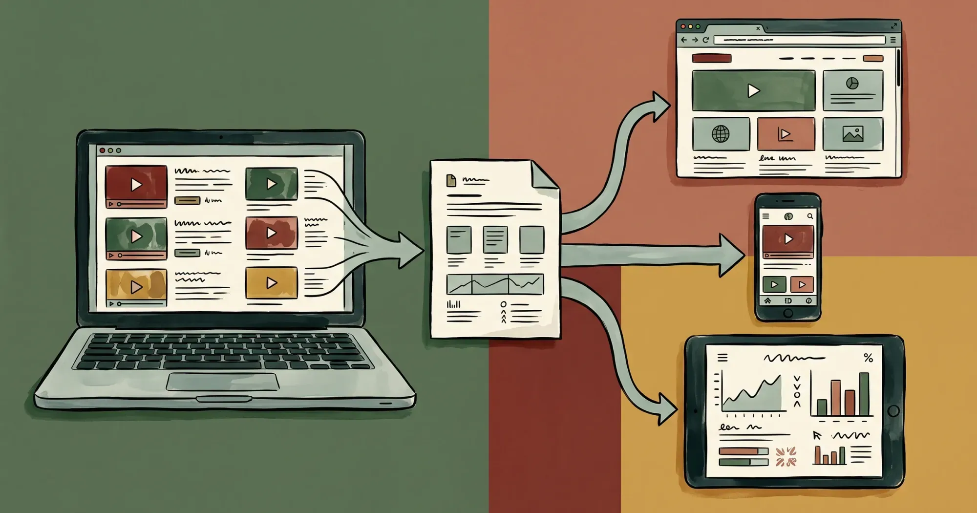 A laptop capturing its screen into a document file, then arrows fanning the file out to a browser window, phone, and tablet