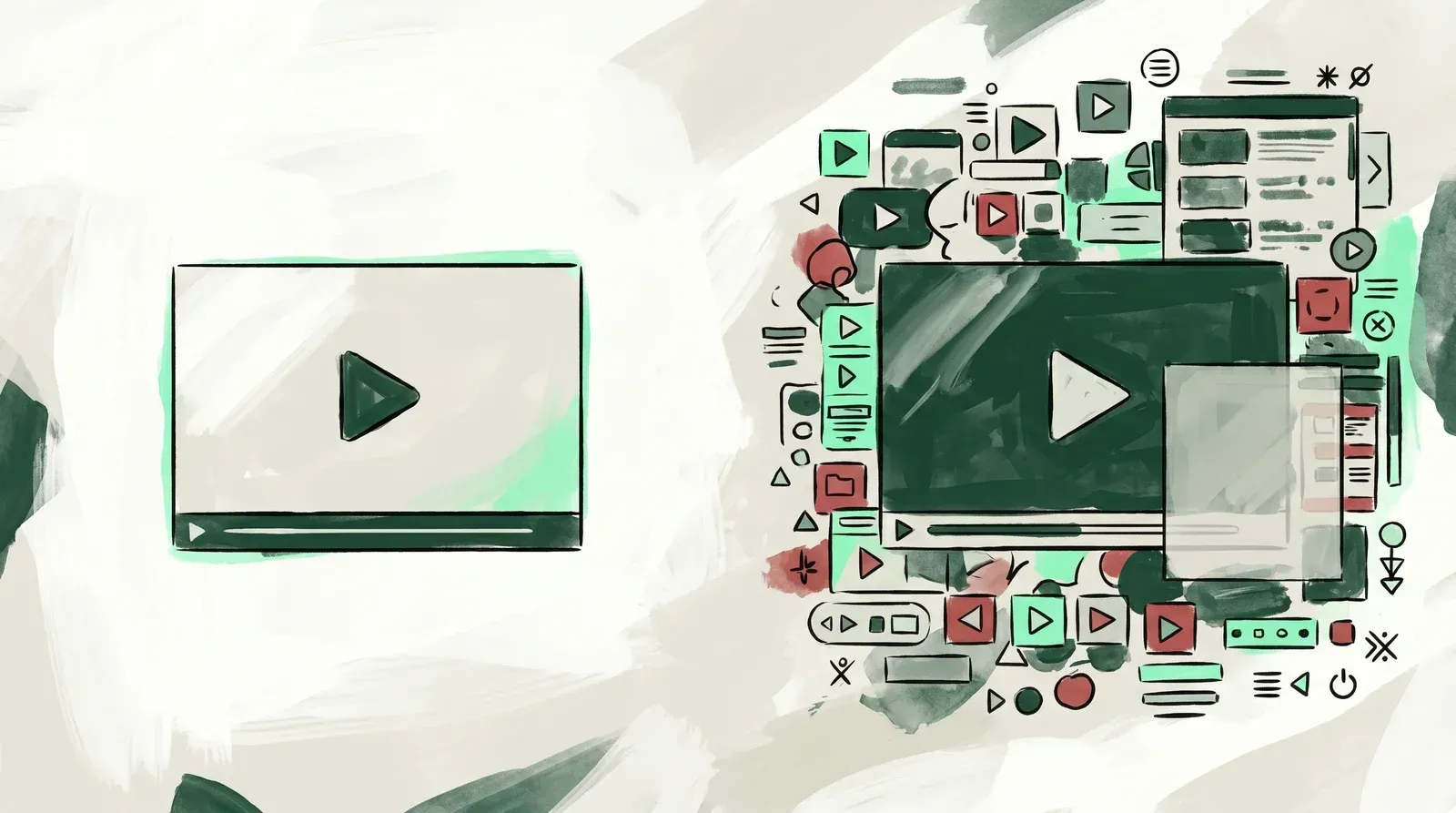 A clean minimal video player beside the same video buried in a cluttered, icon-filled platform page with a blocking overlay