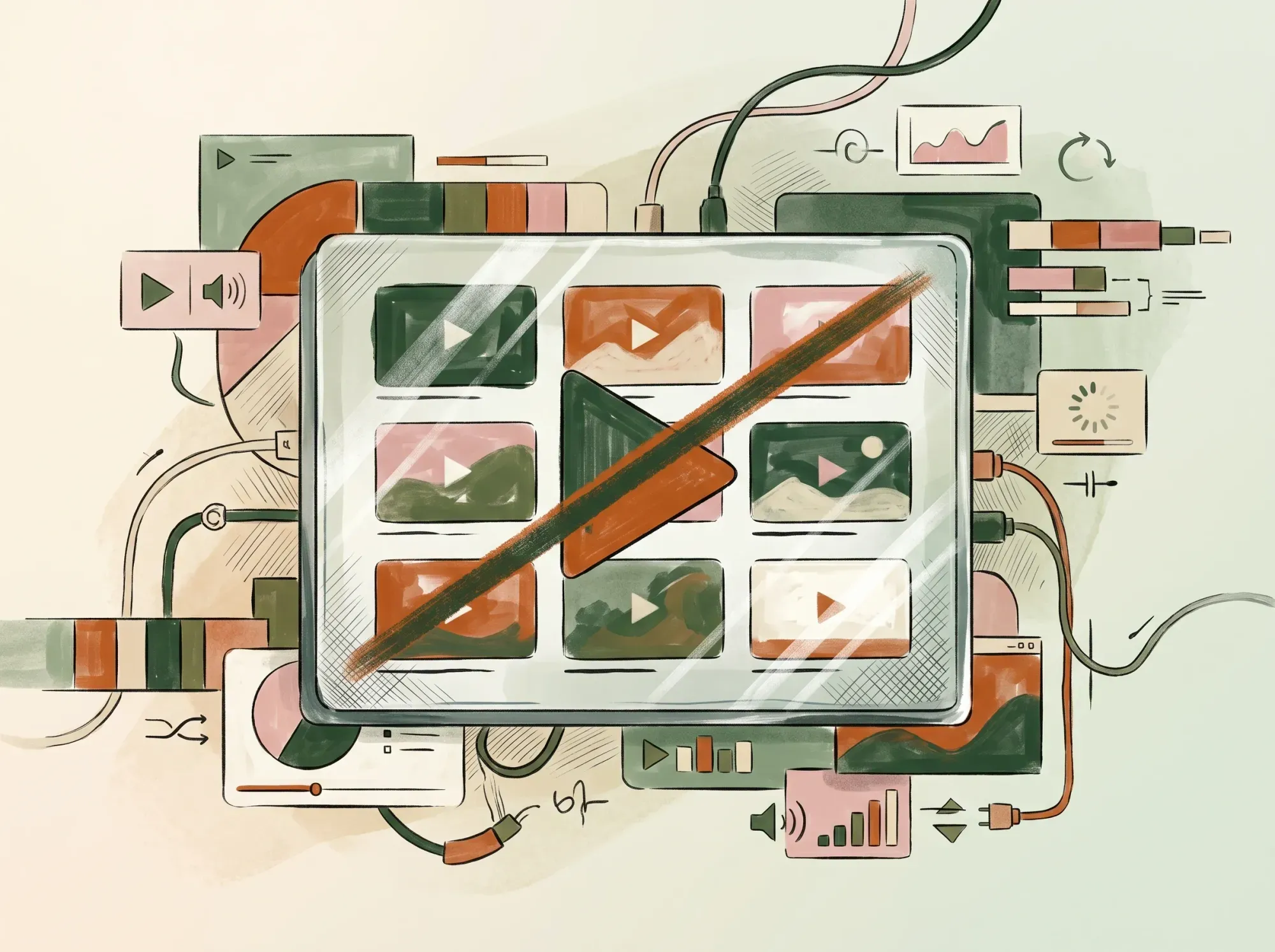 A grid of course video thumbnails sealed behind a barrier, the play control struck through