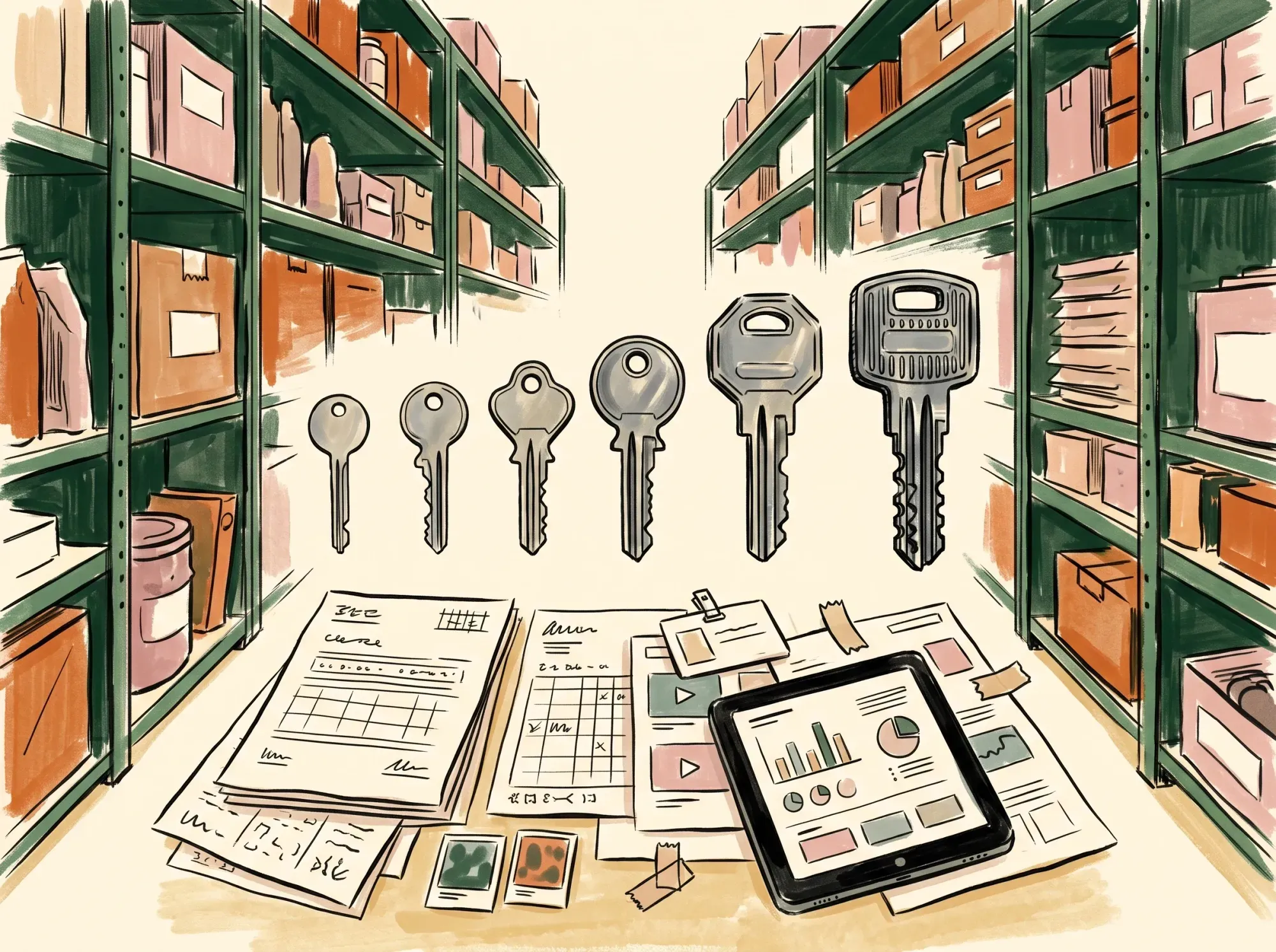 A line of keys of increasing complexity, from a flimsy luggage key to a machined security key