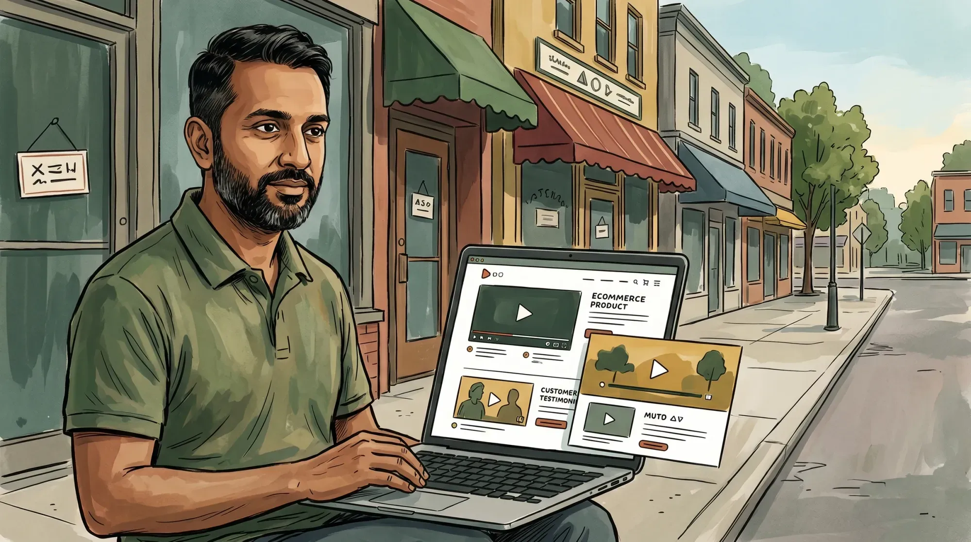 Laptop and smartphone side-by-side showing the same ecommerce product page with an embedded video player featuring a skincare product