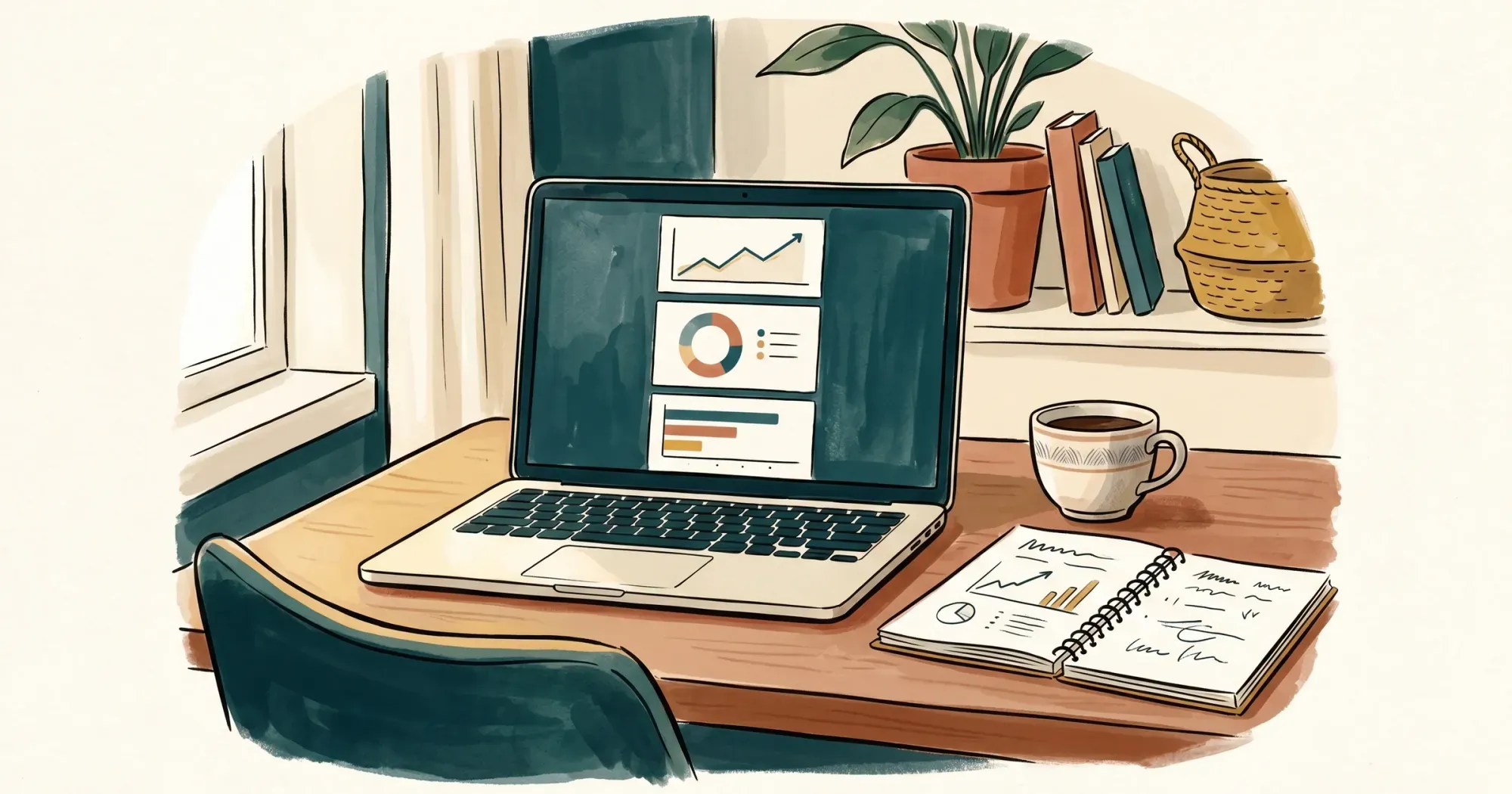 Illustrated laptop on a wooden desk showing a dashboard with a line chart, ring metric, and bar — next to a notebook and coffee cup