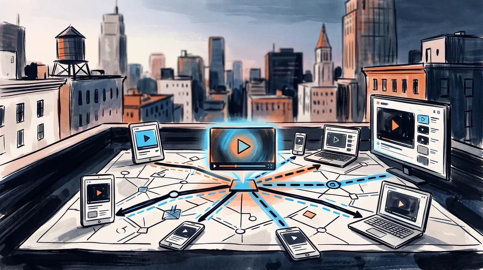 Editorial illustration of a website video player at the center of an edge network, with route lines reaching phones, tablets, laptops, and a desktop across a physical map